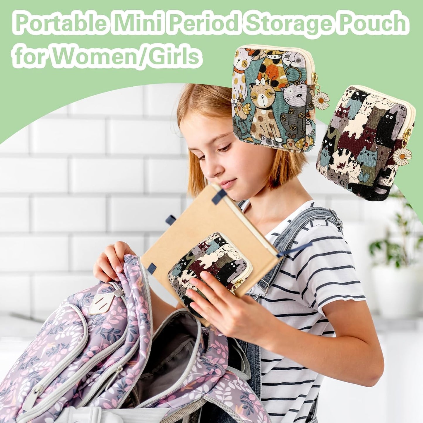 cobee 2PCS Sanitary Pad Storage Bag, Cute Sanitary Napkin Storage Purses Portable Period Bag with Daisy Zipper Panty Liner Tampon Menstrual Cup Nursing Pad Holder Pouch for Girls Women Travel(Cat)