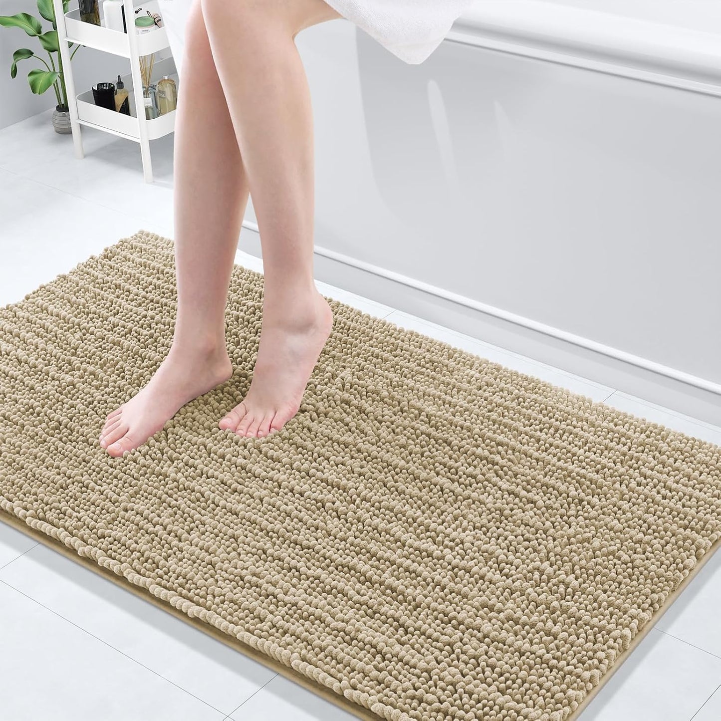 Arotive Luxury Chenille Bathroom Rug Mat, Extra Soft Thick Absorbent Shaggy Bath Rugs, Non-Slip Machine Wash Dry, Plush Bath Mats for Bathroom, Shower and Tub, 54x24, Beige