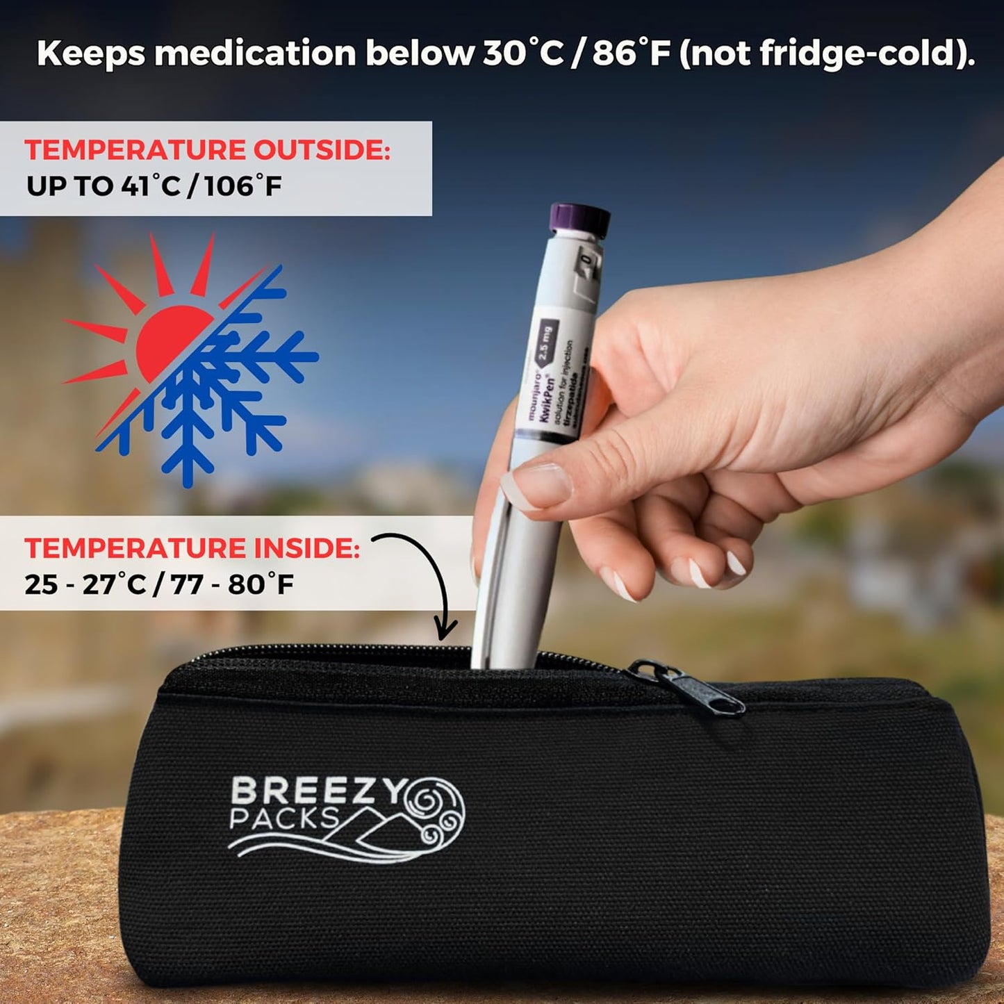 Insulin Pens Cooler Travel Case 24/7 Protection | EpiPen Carry Medical Bag | TSA-Approved Diabetic Case Without Icepacks | Keep medicine at room temp. | Breezy Basic (Black)