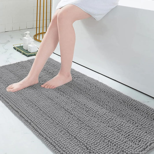 Grandaily Chenille Striped Bathroom Rugs 70x24, Extra Thick and Absorbent Bath Mats, Non-Slip Soft Plush Shaggy Shower Carpet, Machine Wash Dry, Bath Rug for Bathroom, Dark Gray