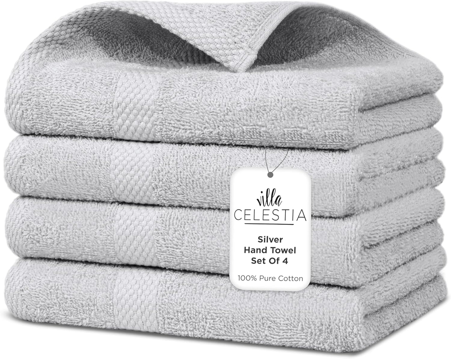 Premium Silver Hand Towel-100% Cotton Hand Towels for Bathroom 650 GSM Soft Silver Hand Towels Absorbent & Fast Drying Bath Hand Towels-Elegant Salon Spa Hotel Hand Towel Set of 4 (16''x 28'')