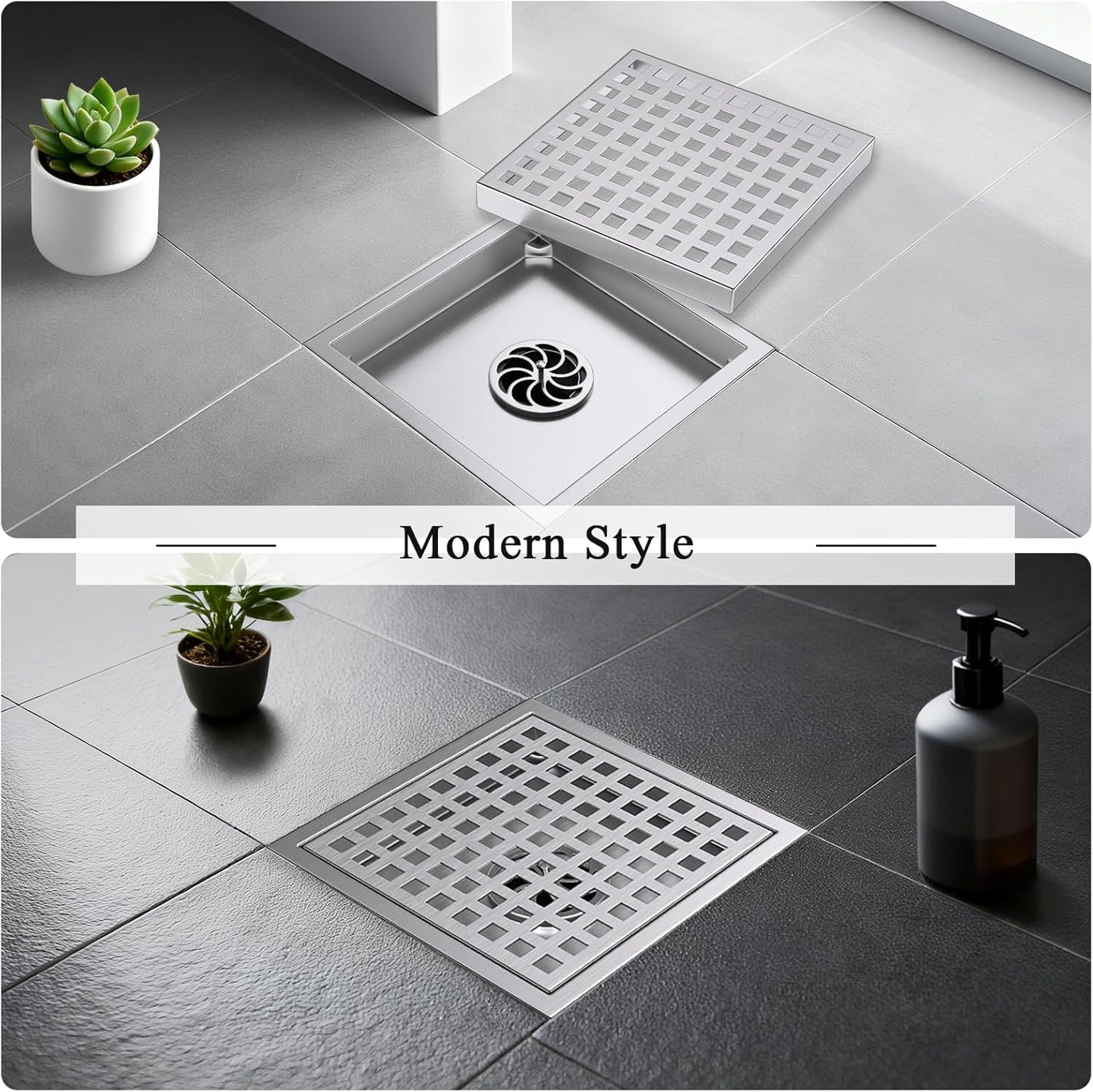 Square Shower Floor Drain with Flange, 6 Inch Brushed Nickel Shower Drain Hair Catcher, SUS304 Stainless Steel Floor Drain Strainer, Shower Drain Cover