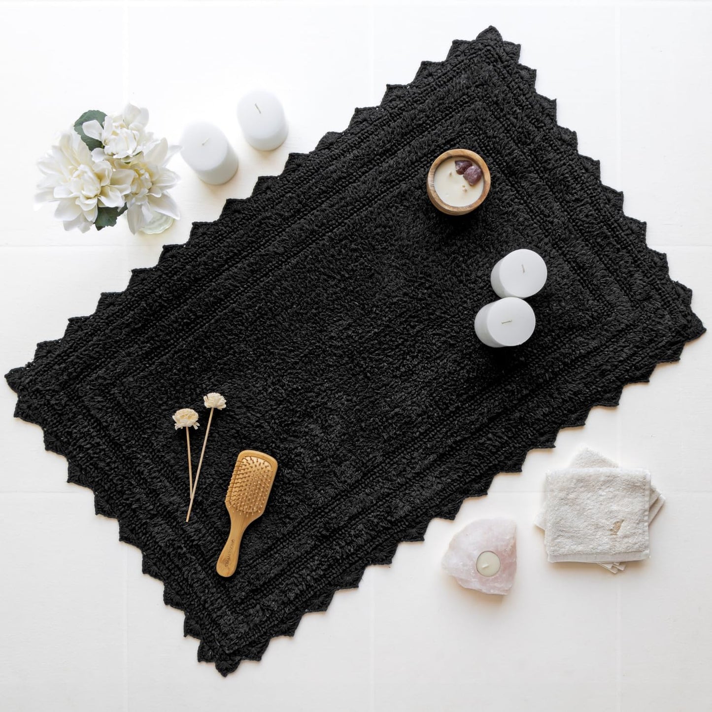 RAJRANG Black Cotton Bath Mat | Rectangle 34x21 Inches Soft Reversible Boho Rug with Crochet Detailing for Bathroom, Kitchen, or Spa | Absorbent and Washable Floor Mat