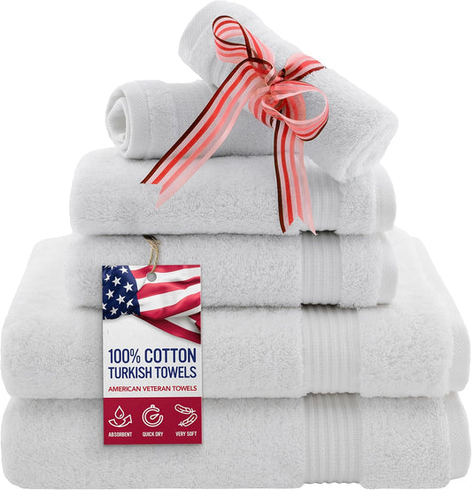 American Veteran Towel, 6 Piece Towel Set for Bathroom, 100% Cotton Turkish Bathroom Towels, 2 Bath Towels 2 Hand Towels 2 Washcloths, White