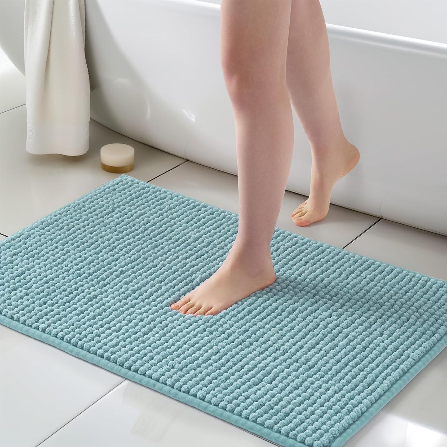 FRESHMINT Thick Chunky Chenille Bathroom Rug, 24"x36", Non Slip Bath Mat, Soft Bathroom Decor, Cute Shower Mat, Water Absorbent, Washable, Aqua Blue