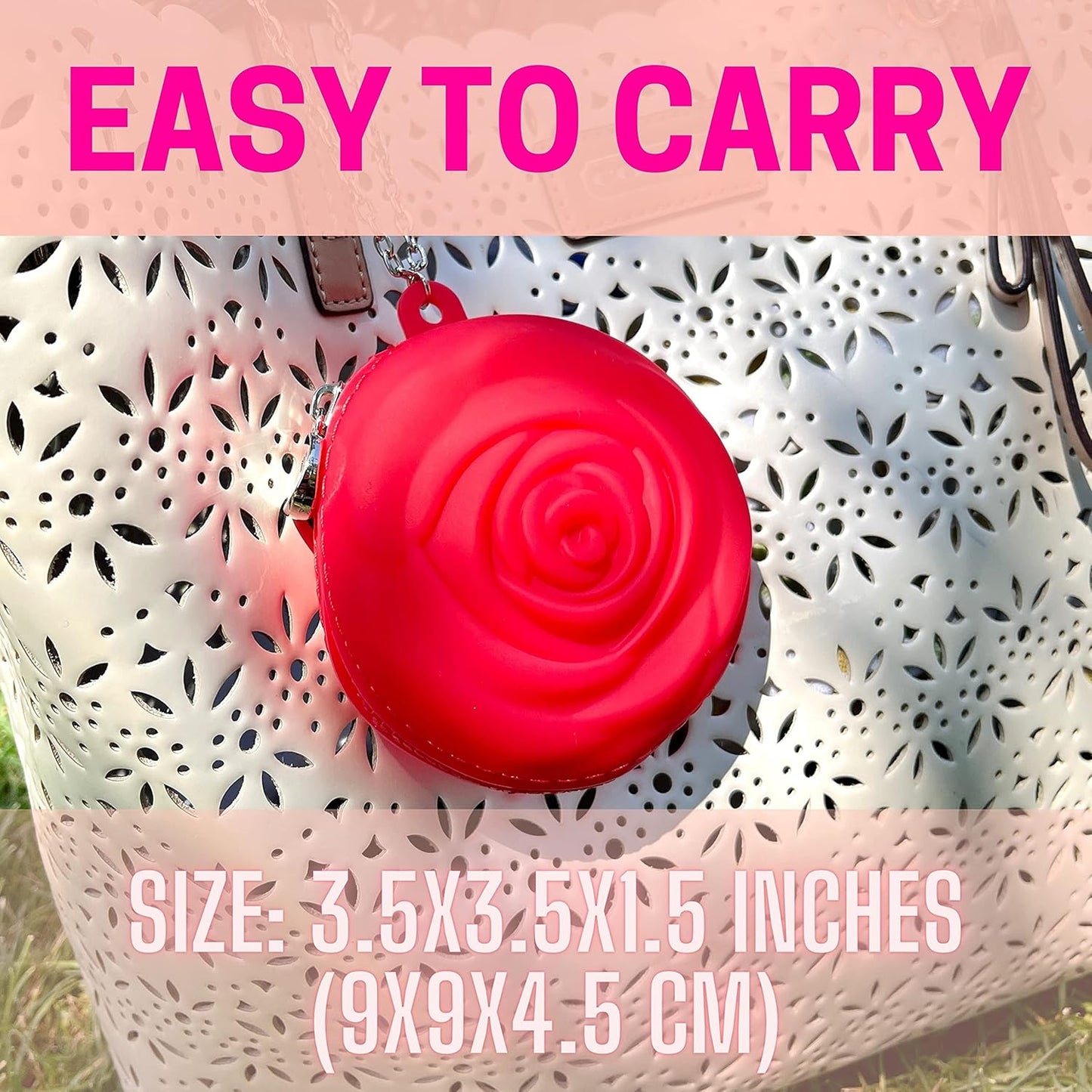 Menstrual Period Cup Case Storage Bag | Rose Design + Silicon Material | Easy to carry, clean, and use | Metal Chain attached | Multi-use for any small items - Red