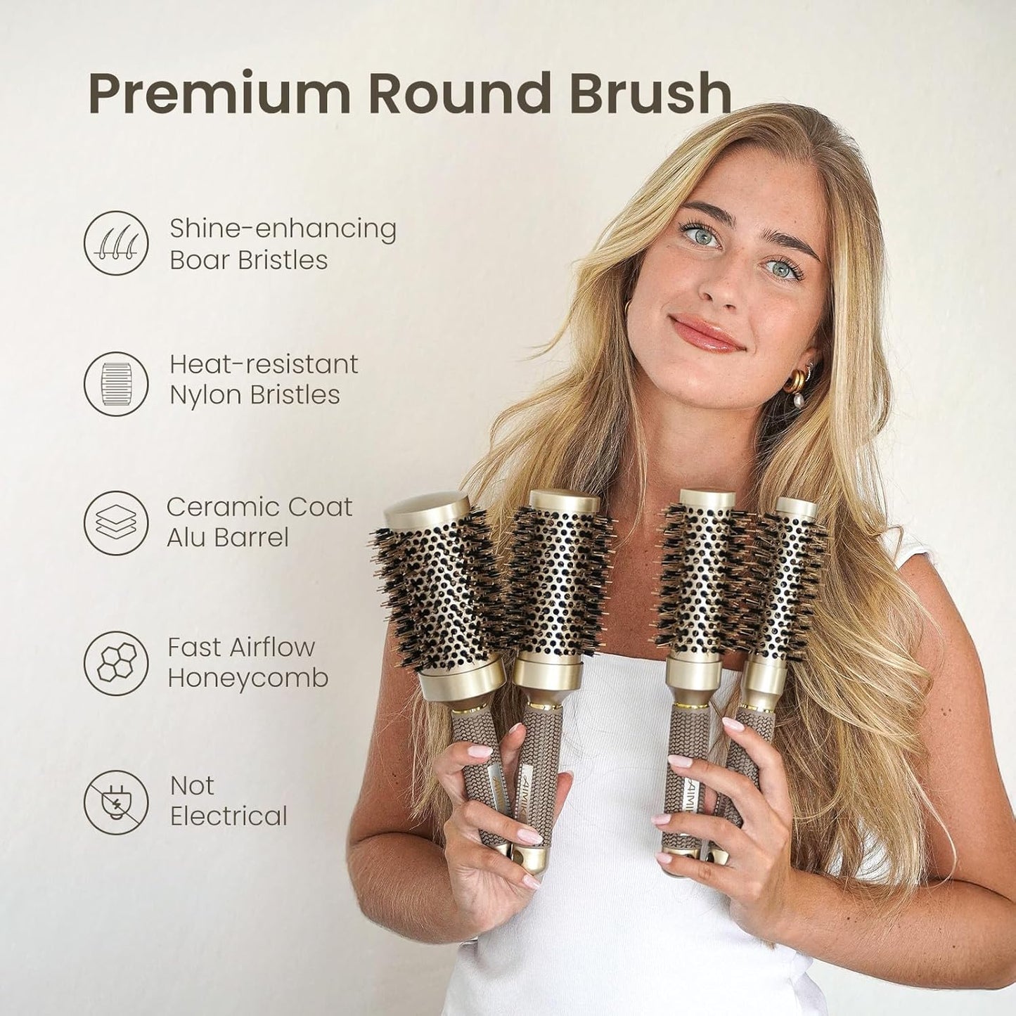 AIMIKE Round Hair Brush, Nano Thermal Ceramic & Ionic Tech, 2.1 Inch Barrel with Boar Bristles for Enhanced Texture, Golden, Hair Drying, Styling, Curling and Shine + 4 Free Clips