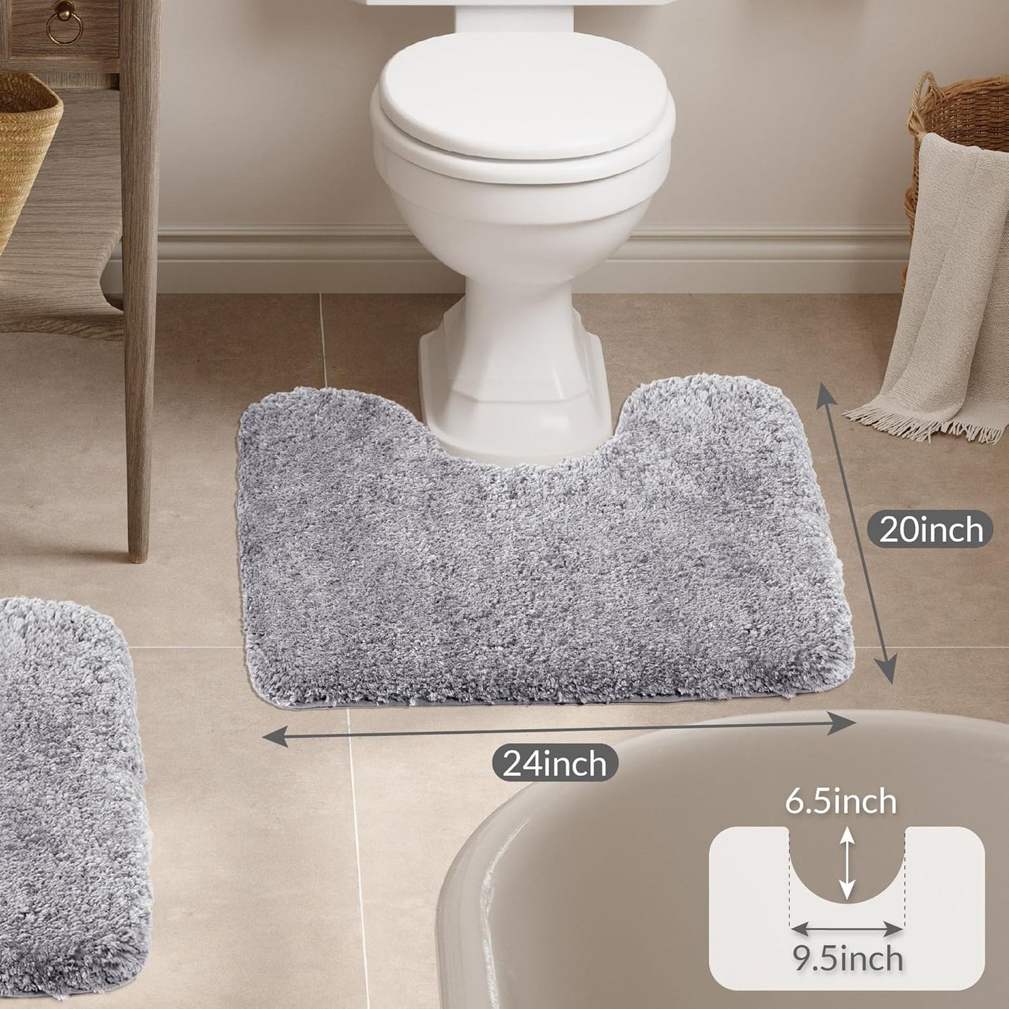 Walensee Bathroom Contour Rug (20x24, Grey) Non Slip Bath Mat for Water Absorbent Soft Microfiber Shaggy Machine Washable U Shape For Toilet