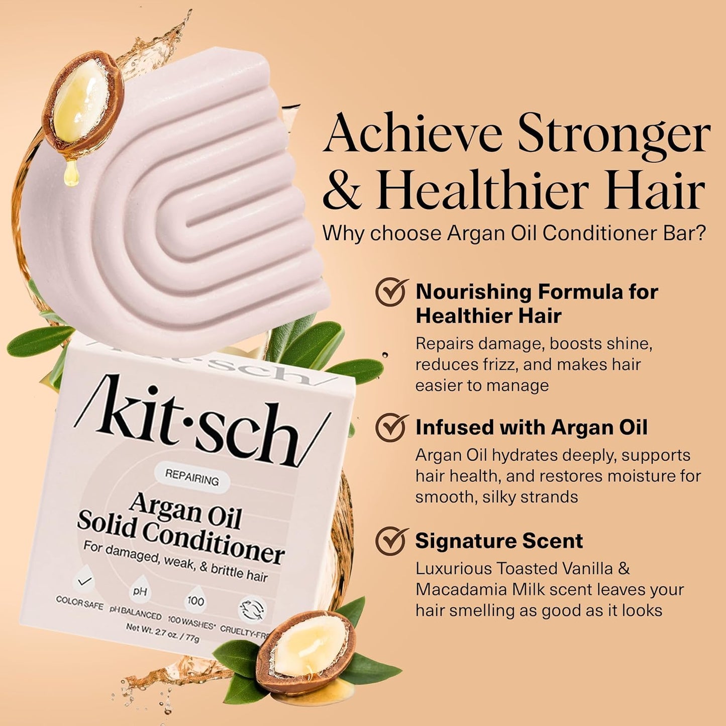 Kitsch Argan Oil Conditioner Bar – Repairing Hair Conditioner for Damaged Hair, Anti-Frizz – Strengthening, Moisturizing Hair Care – Paraben, Silicone & Sulfate-Free – Made in USA - 2.7 oz