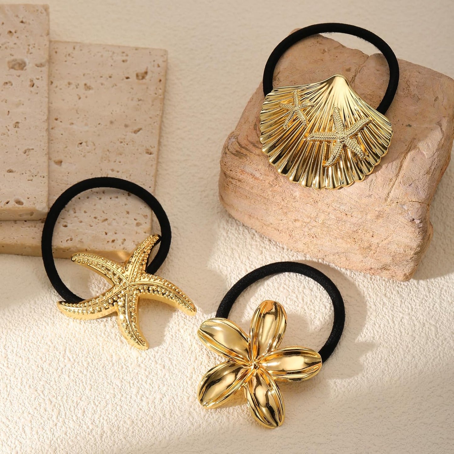 3PCS Gold Hair Ties, Metal Hair Ties for Thick Hair, Elegant Durable Geometric Design, Gold Hair Accessories Stretchy and Non-Damage Ponytail Holders, Ocean Pattern 3 Style Starfish Shell Flower