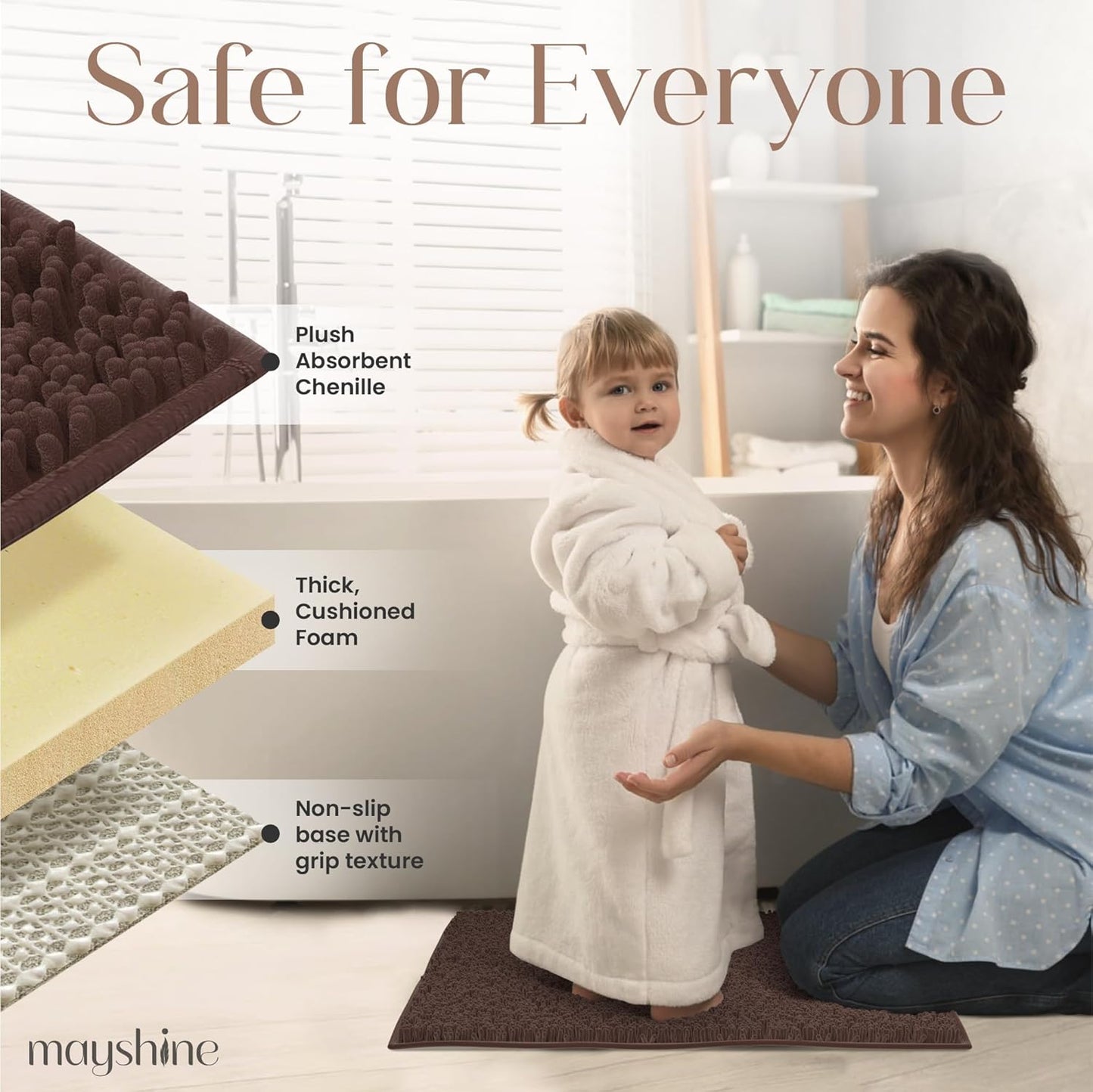 MAYSHINE Plush Shaggy Chenille Bath Mat | Extra Soft, Super Absorbent, Non-Slip Bathroom Rug | Fluffy Microfiber, Area Rug Sets for Bathroom Floor, Kitchen, Living Room | 47"x27" | Brown