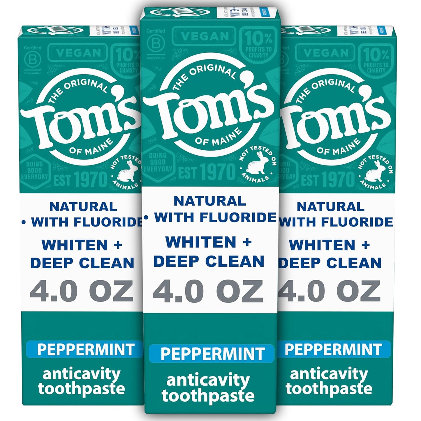 Tom's of Maine Whiten Plus Deep Clean Whitening Toothpaste, Natural Whitening Toothpaste with Plant-Based Cleansers, Enamel Safe, Whitens Without Causing Sensitivity, Peppermint, 4.0 oz (Pack of 3)
