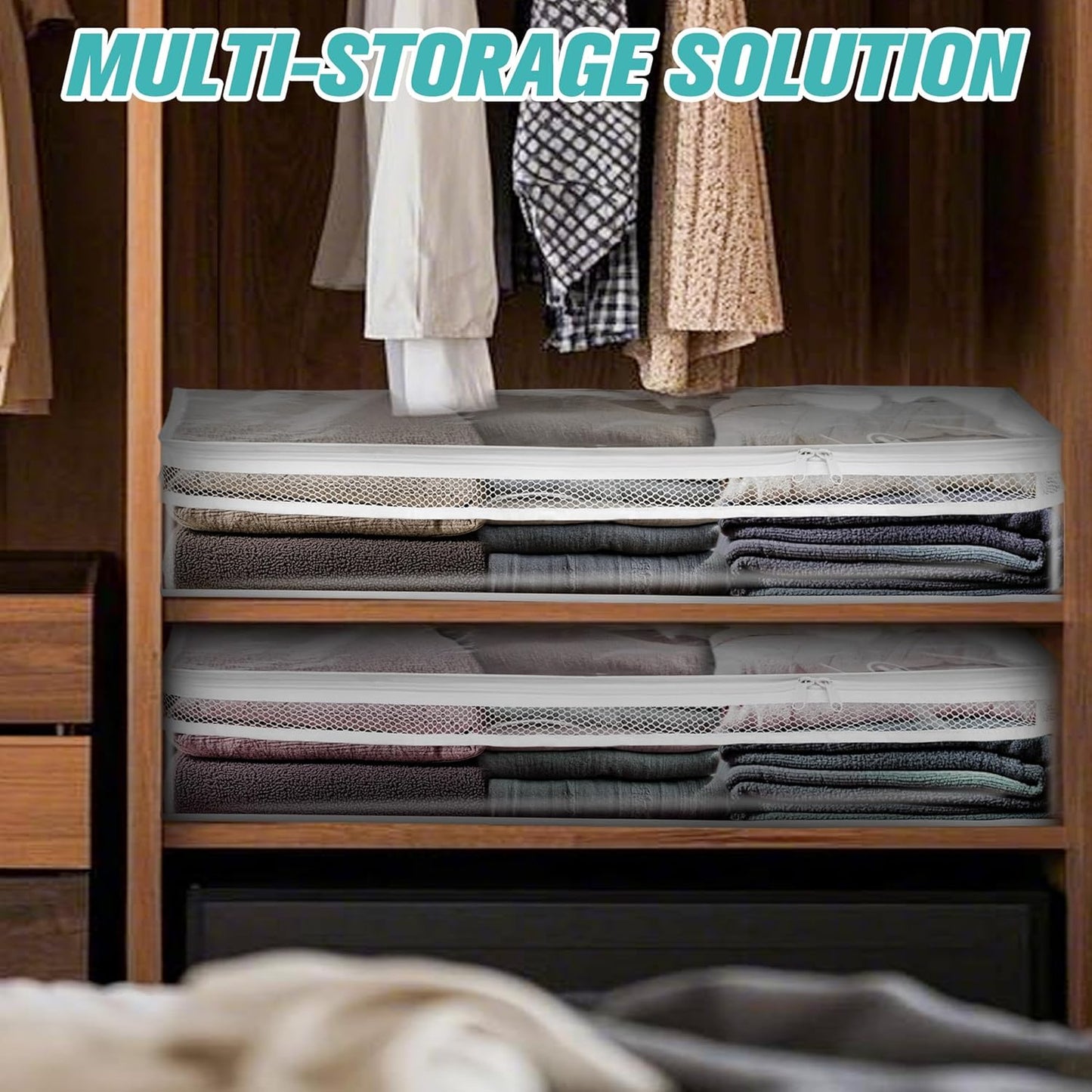 HIBAG 20 Gallon Under Bed Storage Containers, Underbed Clothing Storage Bins, Clear Plastic Organizer with Reinforced Handles, for Clothes Comforters Blankets Towels Pillows Bedding (2 Pack)