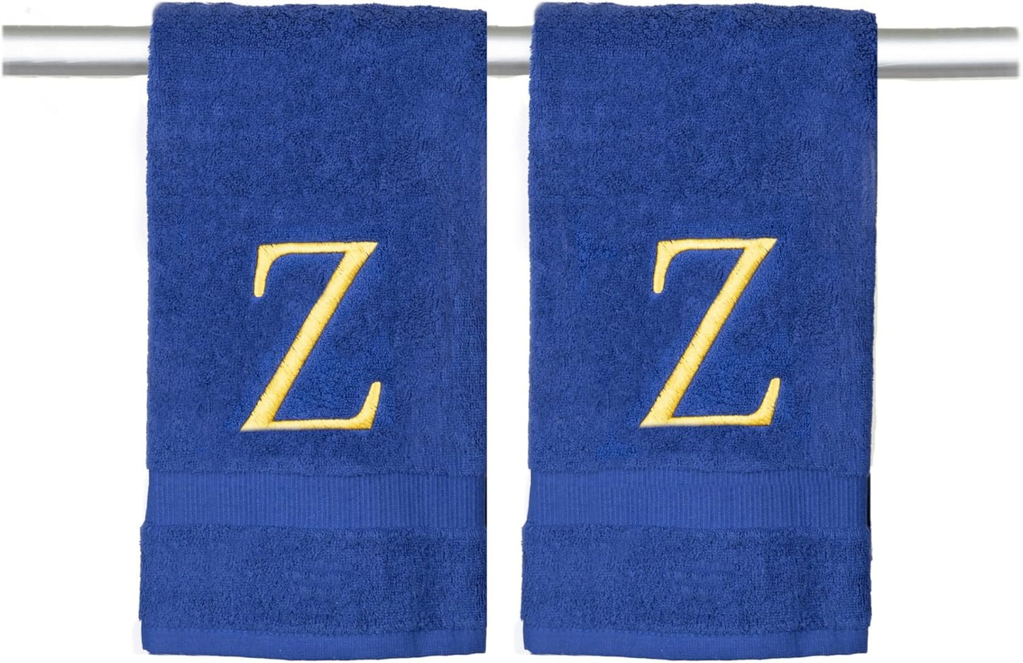 Navy Monogram Hand Towel for Bathroom - Monogrammed Initial Hotel Quality Decorative Embroidered Luxury Towel for Powder Room, Spa - GOTS Organic Certified - Set of 2 Letter Gold Z