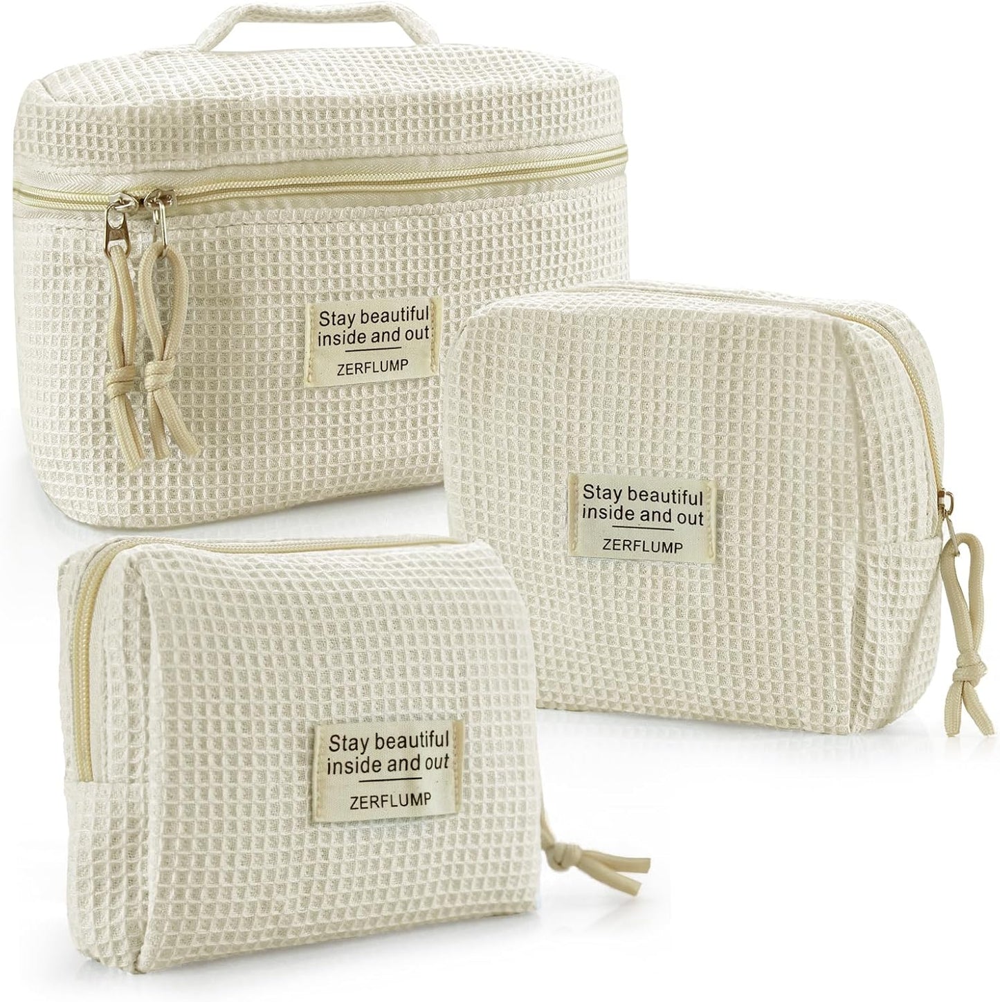 Cute Quilted Floral Makeup Bag(3Pcs)，Coquette Aesthetic Cosmetic Bag，Travel Toiletry Bags， Kawaii Aesthetic pouch for Women (91 - Beige)