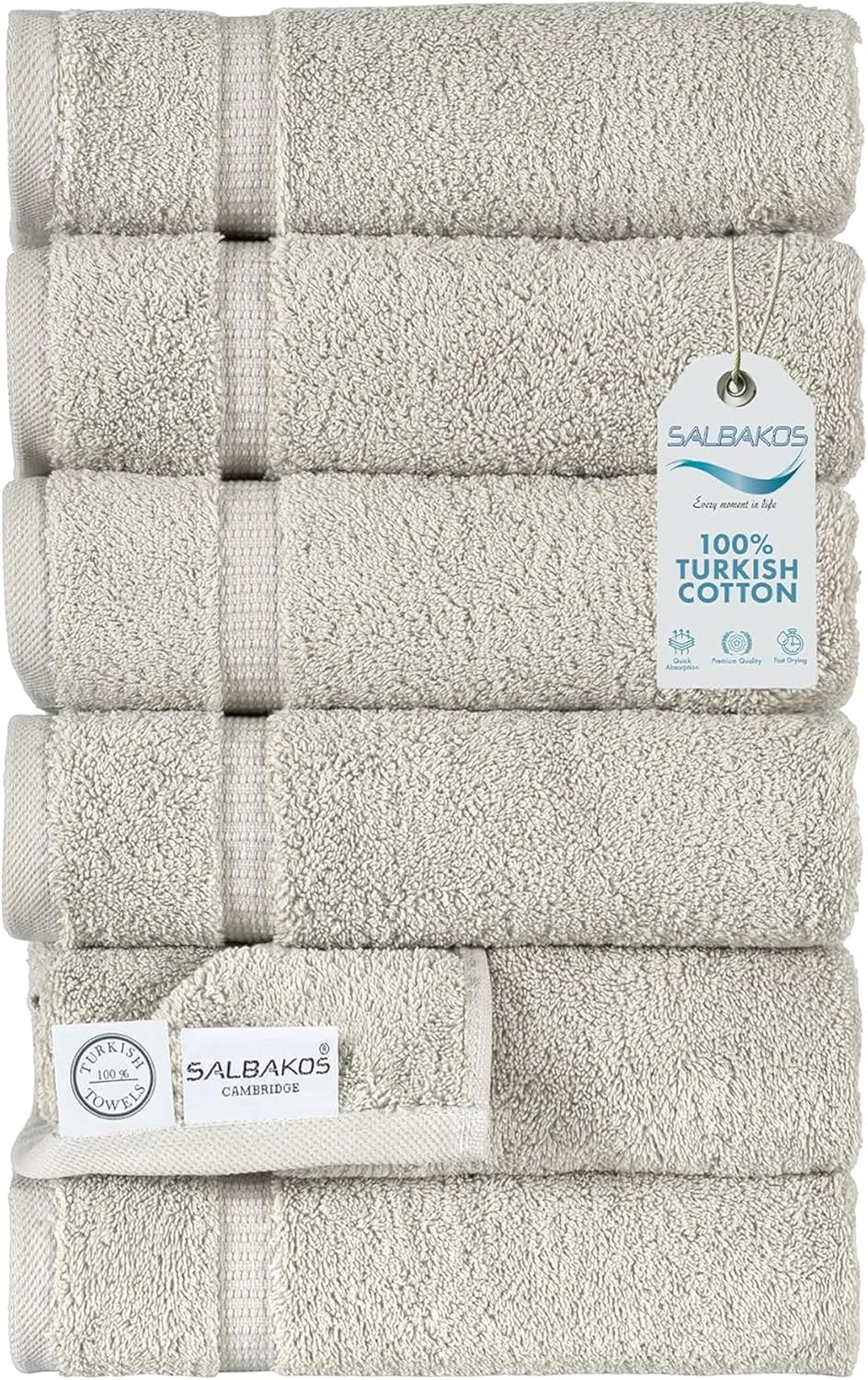 SALBAKOS 100% Turkish Cotton Hand Towel Set of 6 16x30 inch | Heirloom Quality | Hotel & Spa Collection | Ultra Soft, Super Absorbent, Long Lasting Hand Towels | Made in Turkey (Stone, 6 Hand Towels)
