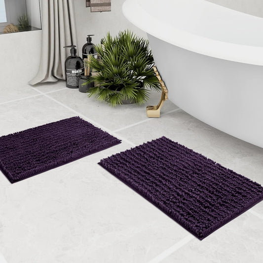 Walensee Bathroom Rug 2 Pieces Set Non Slip Bath Mat (17x24 Plus 20x32 Inch Dark Purple) Water Absorbent Super Soft Shaggy Chenille Machine Washable Dry Extra Thick Perfect Carpet for Shower Floor