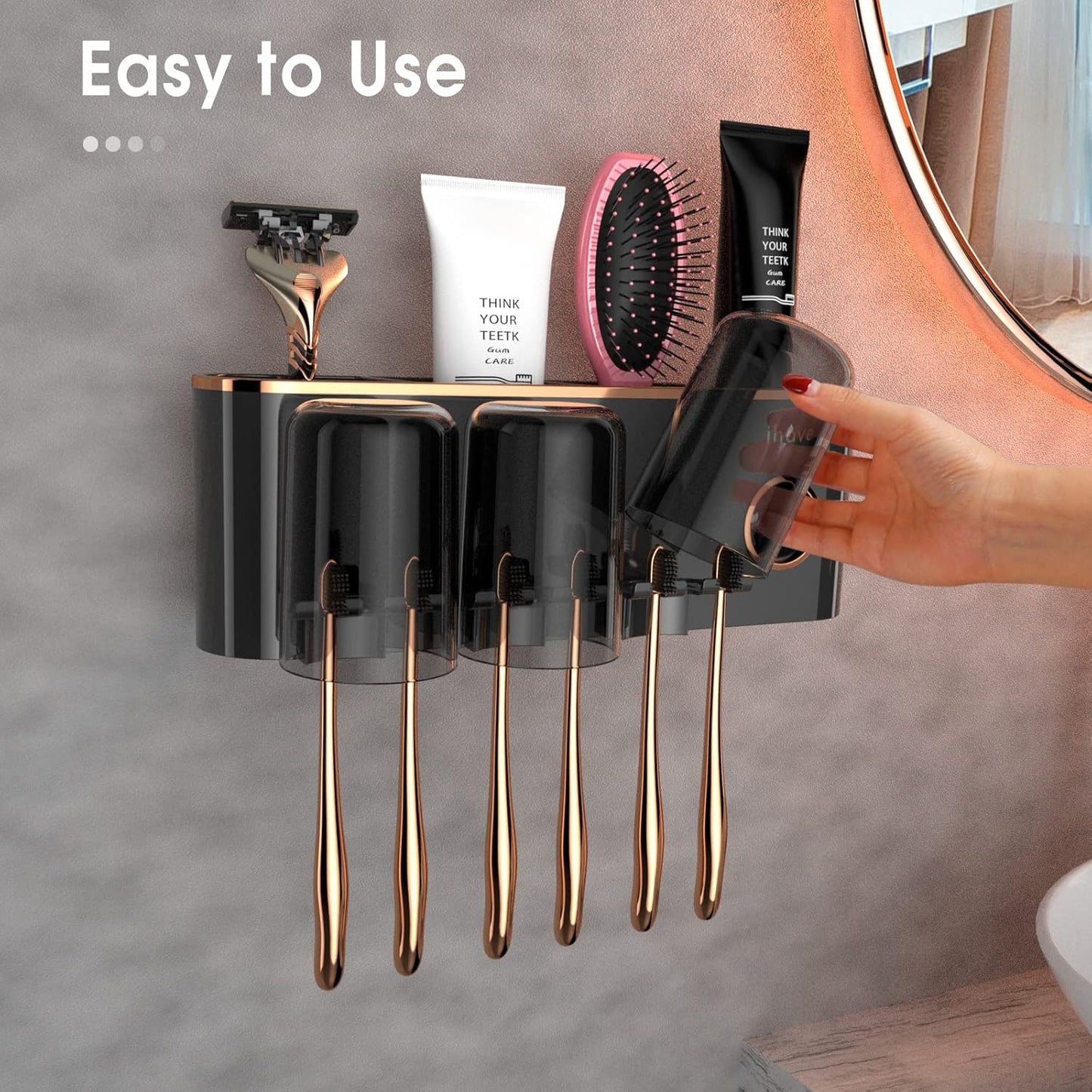 iHave Toothbrush Holders Bathroom Accessories with Toothpaste Dispenser, 3 Cups Toothbrush Holder Wall Mounted Bathroom Decor