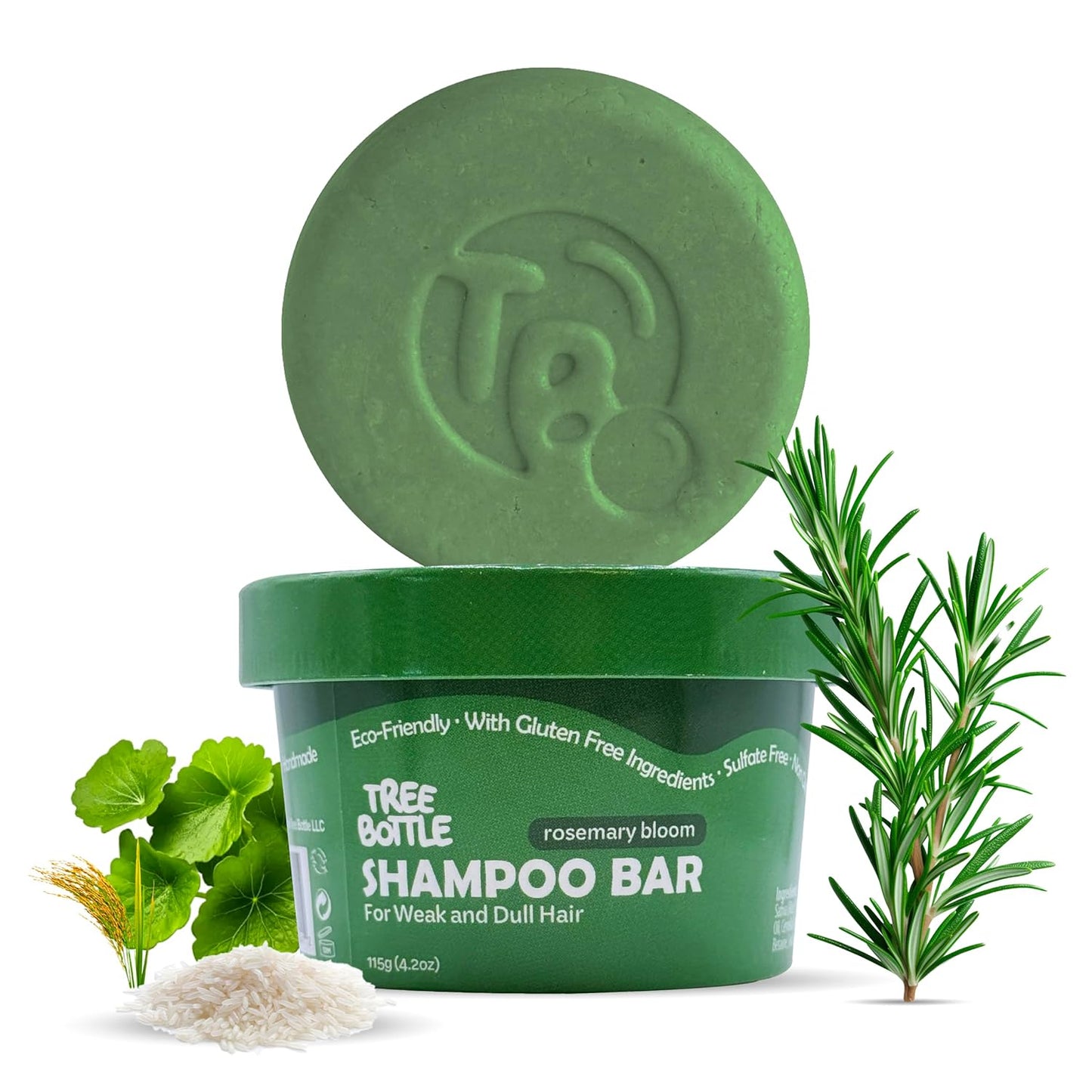 Tree Bottle Rosemary Shampoo Bar with Rice Water & Centella Asiatica Extract - For Volumizing & Fuller Hair - Shampoo for Women and Men - Free of Parabens & Sulfates - Made in USA - 4.5oz