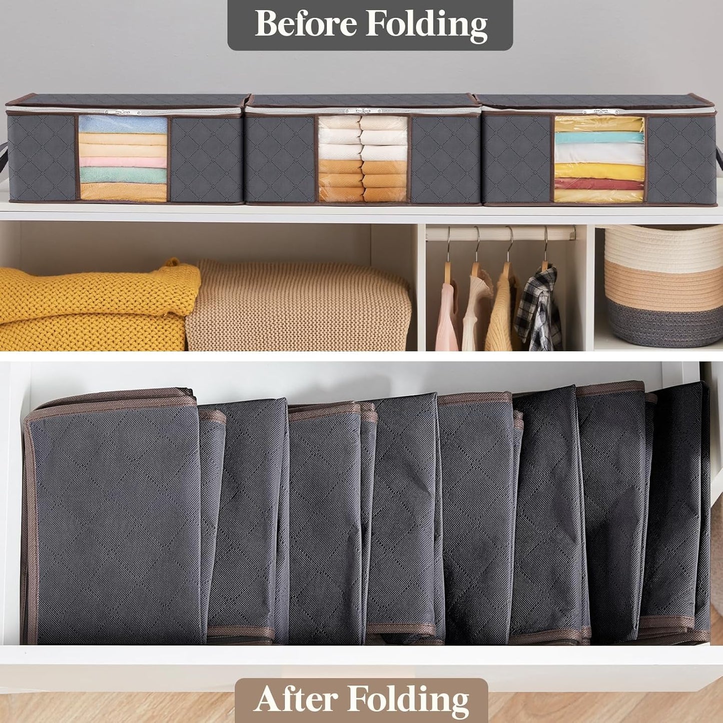 Lifewit 3 Pack Clothes Storage Bag, Foldable Storage Bin Closet Organizer with Reinforced Handle, Sturdy Fabric Blanket Storage with Clear Window, Storage Containers for Clothing, Bedding, Gray