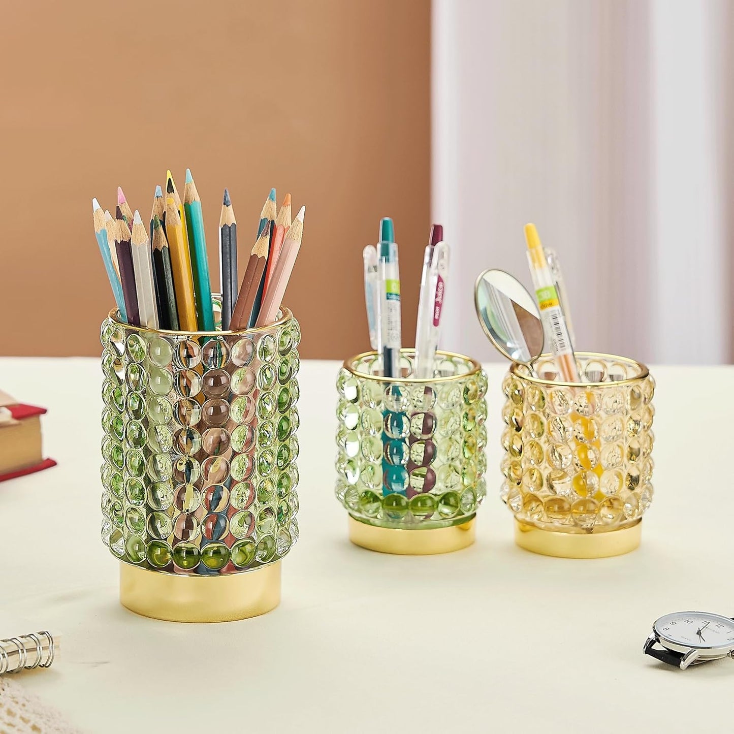 Makeup Brush Holder Organizer,Toothbrush Holders,Desk Pen Pencil Holder,Multifunctional Vintage Glass Brush Cup(A38-5-US/Green/S)