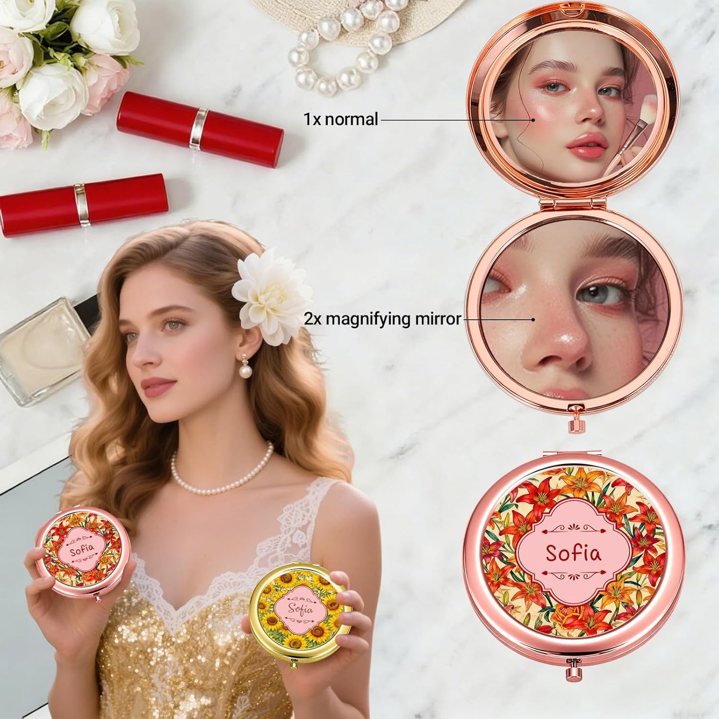 Custom Compact Mirror with Name - Personalized Flip Makeup Travel Pocket Mirror Gift for Women Bridesmaids Wedding Birthday (Romantic Flower)