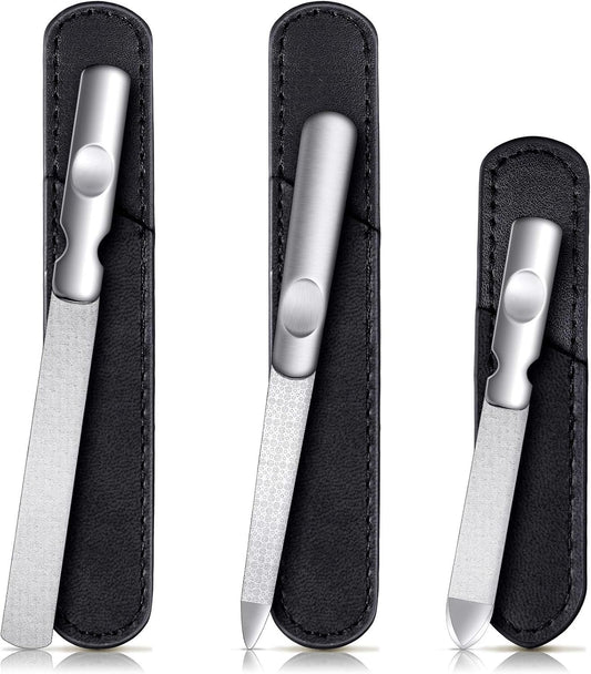 3 Pcs Stainless Steel Nail Files Kit with Leather Case, Double Sided Metal Nail Files with Anti-Slip Handle for Women and Men, Metal File Buffer Manicure Pedicure Tools for Fingernail Toenail(Black)