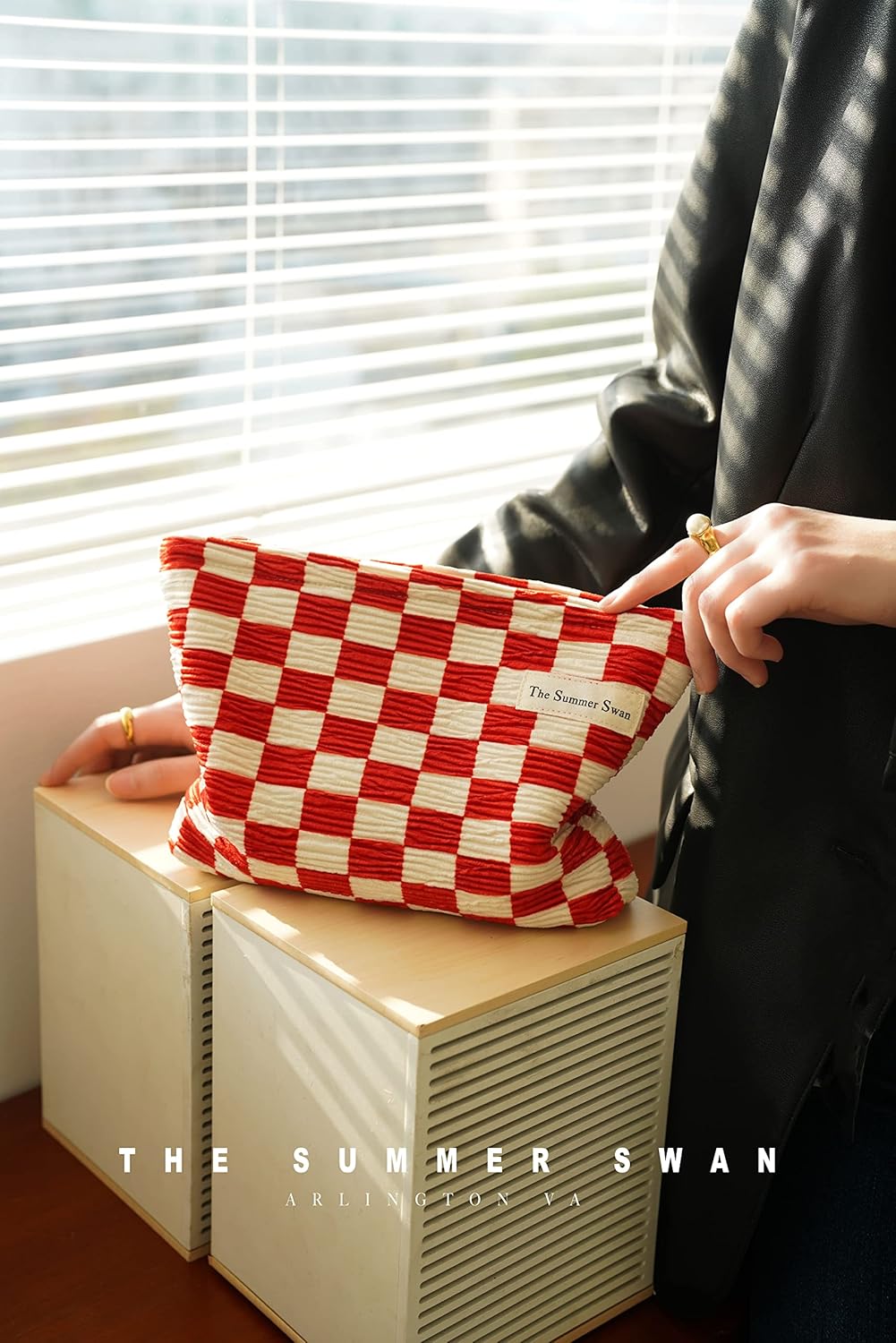 The Summer Swan | Large Aesthetic | Checkered Makeup Bag | Pencil Pouch | Period Kit Bag | Hygiene Bag | Skincare Bag | Cute Makeup Bag (Checkered Red & White)