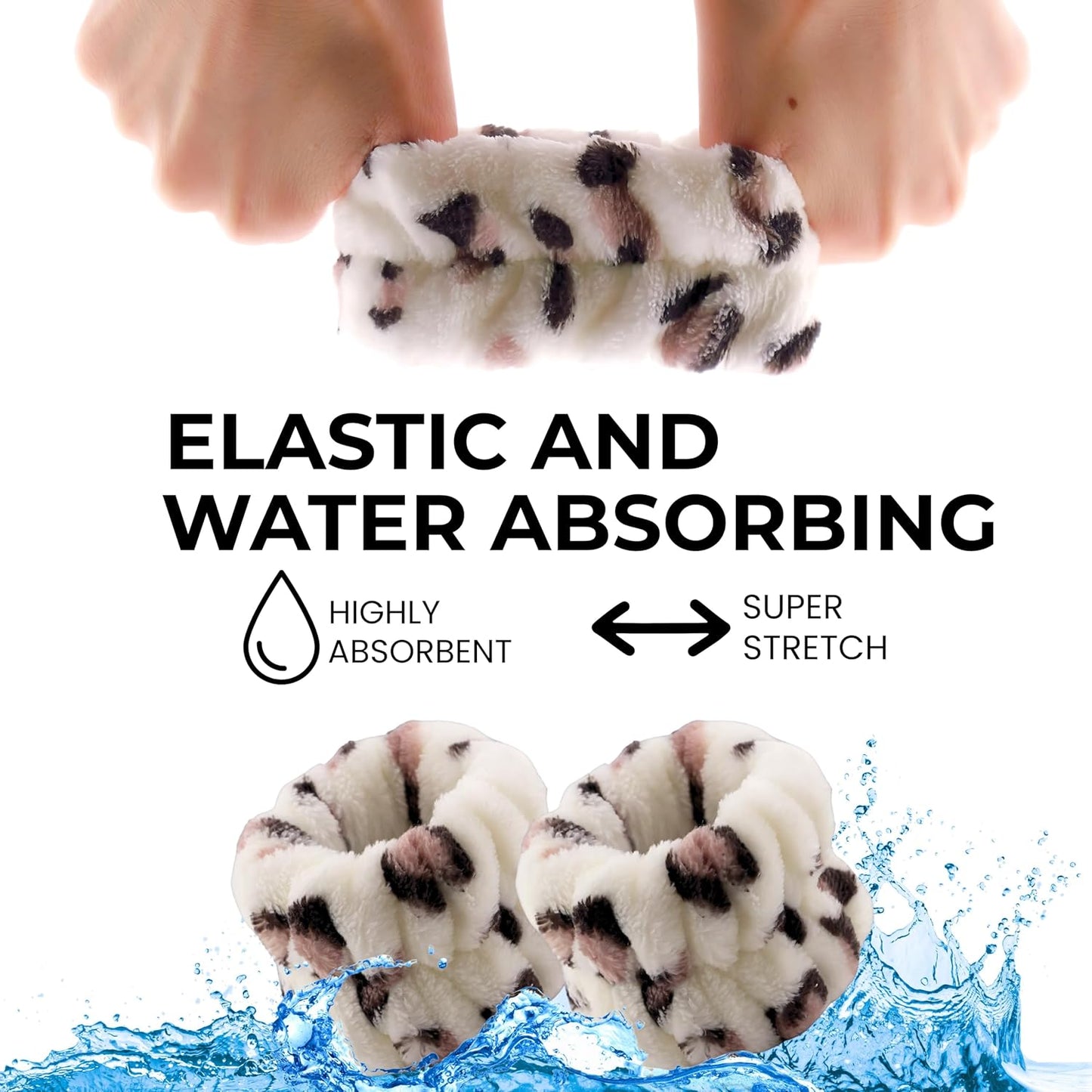 Spa Headband Wrist Band for washing face set Sponge Makeup Skincare Headband Wrist Towels Bubble Soft Terry Towel Cloth Hairband for Women Puffy Headwear Non Slip Thick Thin Hair Headwear (Leopard)