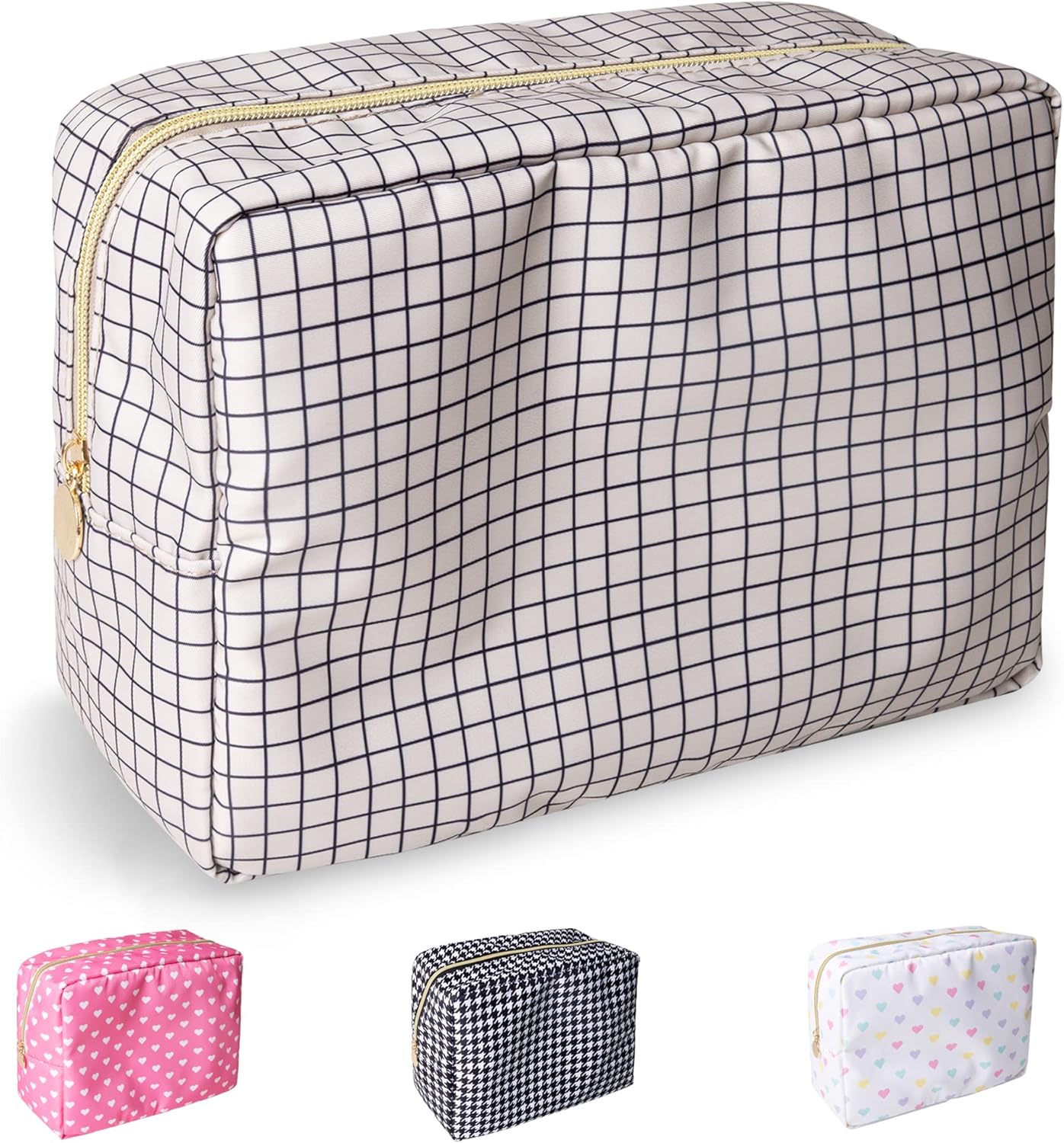 Nylon Large Checkered Makeup Bag Travel Pouch for Women, Big Preppy Makeup Bag Cute Cosmetic Zipper Pouch Purse,Waterproof Toiletry Bag Clutch Makeup Brush Organizer Pouch for Ladies Girls(Checkered)