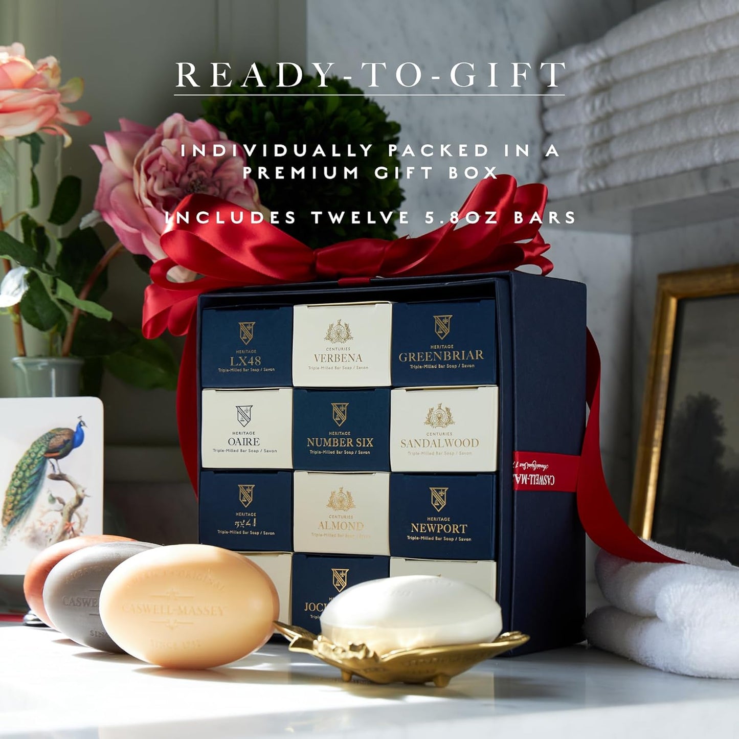 Caswell-Massey Woodgrain Sandalwood Natural Bar Soap Gift Set - Moisturizing Triple-Milled Body Soap for Men - Plant-Based with Essential Oils for Soft Skin, Cruelty-Free, USA Made, 12 Bars x 5.8 oz