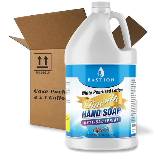 Antibacterial/Antimicrobial Finesilk White Pearlized Lotion Liquid Hand Soap: Bulk Case of Four Gallon (512 oz) Refill Jugs. PH Balanced Ultra-Strength. Made In USA