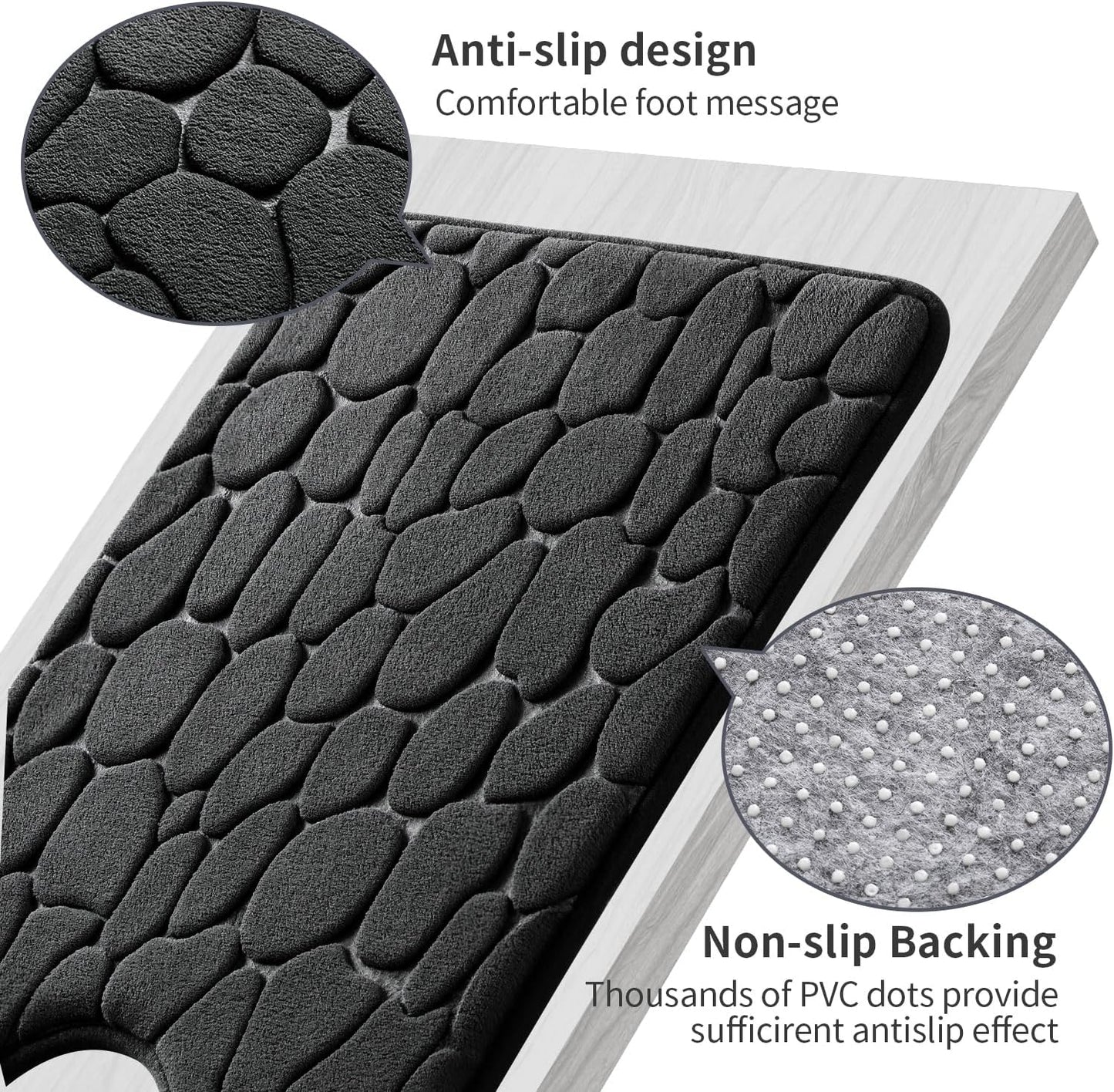 YIHOUSE Memory Foam Bath Mat Cobblestone Bathroom Rugs Super Water Absorbent Bath Mats for Bathroom Machine Washable Bath Rugs(20 x 24,Black)