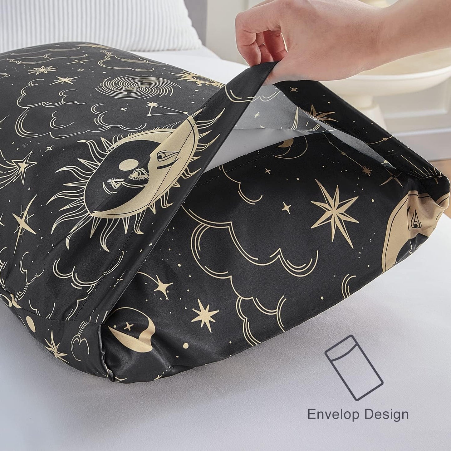 EXQ Home Satin Pillowcase for Hair and Skin - Black Printed Silk Body Pillowcase 20x54 inches - Body Pillow Cases with Envelope Closure, Gifts for Women Men