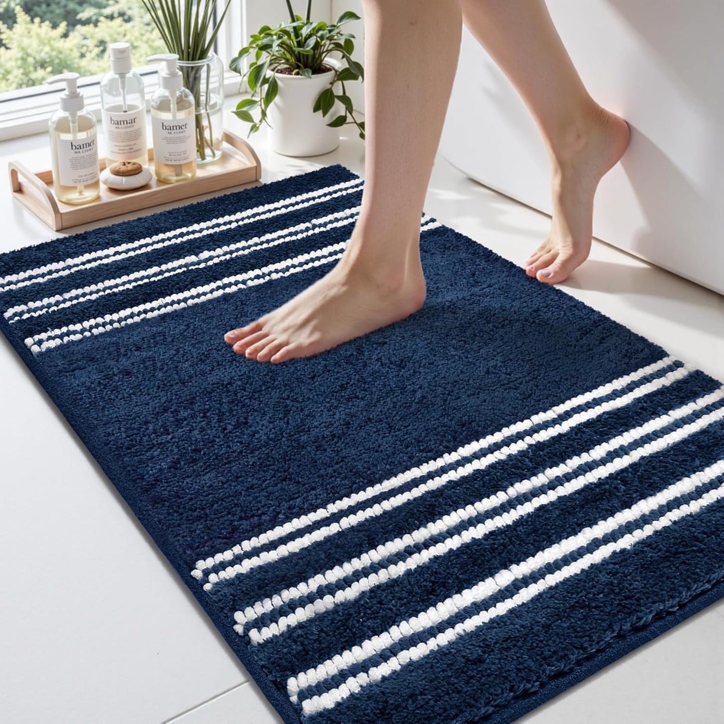 Bathroom Rugs 24x36 Extra Soft Absorbent Bath Mat Chenille Non Slip Shower Mat Rubber Backing Machine Washable Bath Mats for Bathroom Shaggy Blue Bath Rugs for Tub, Hallway