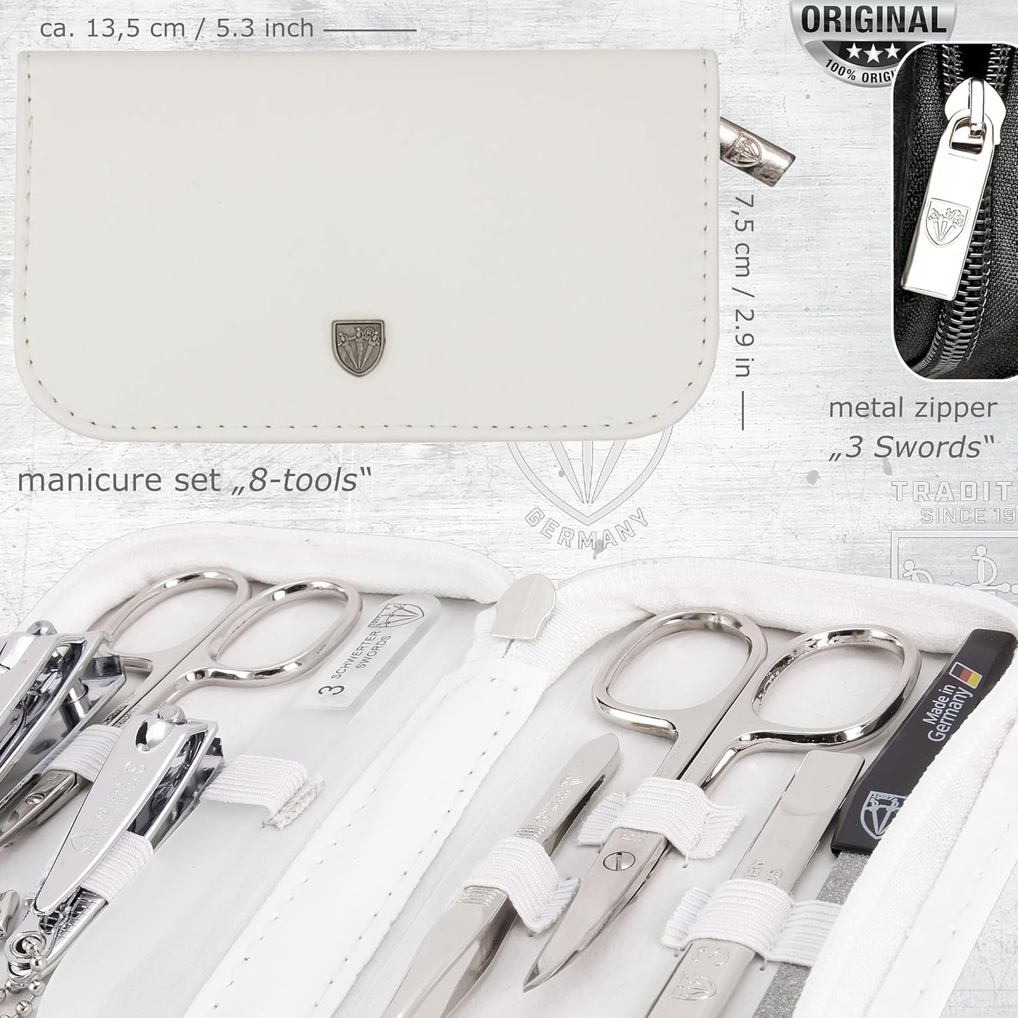 3 Swords Germany - brand quality 8 piece manicure pedicure grooming kit set synthetic leather case white - Made in Germany