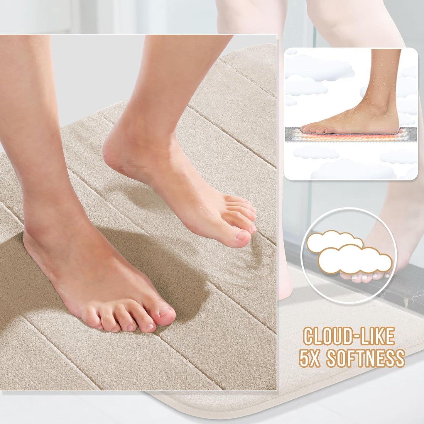 Yimobra Large Bath Mat 36"x24", Super Soft Quick Dry Memory Foam Bathroom Rug, Water Absorbent, Non Slip Backing Machine Washable for Tub Shower, Thick Comfort Support, Beige