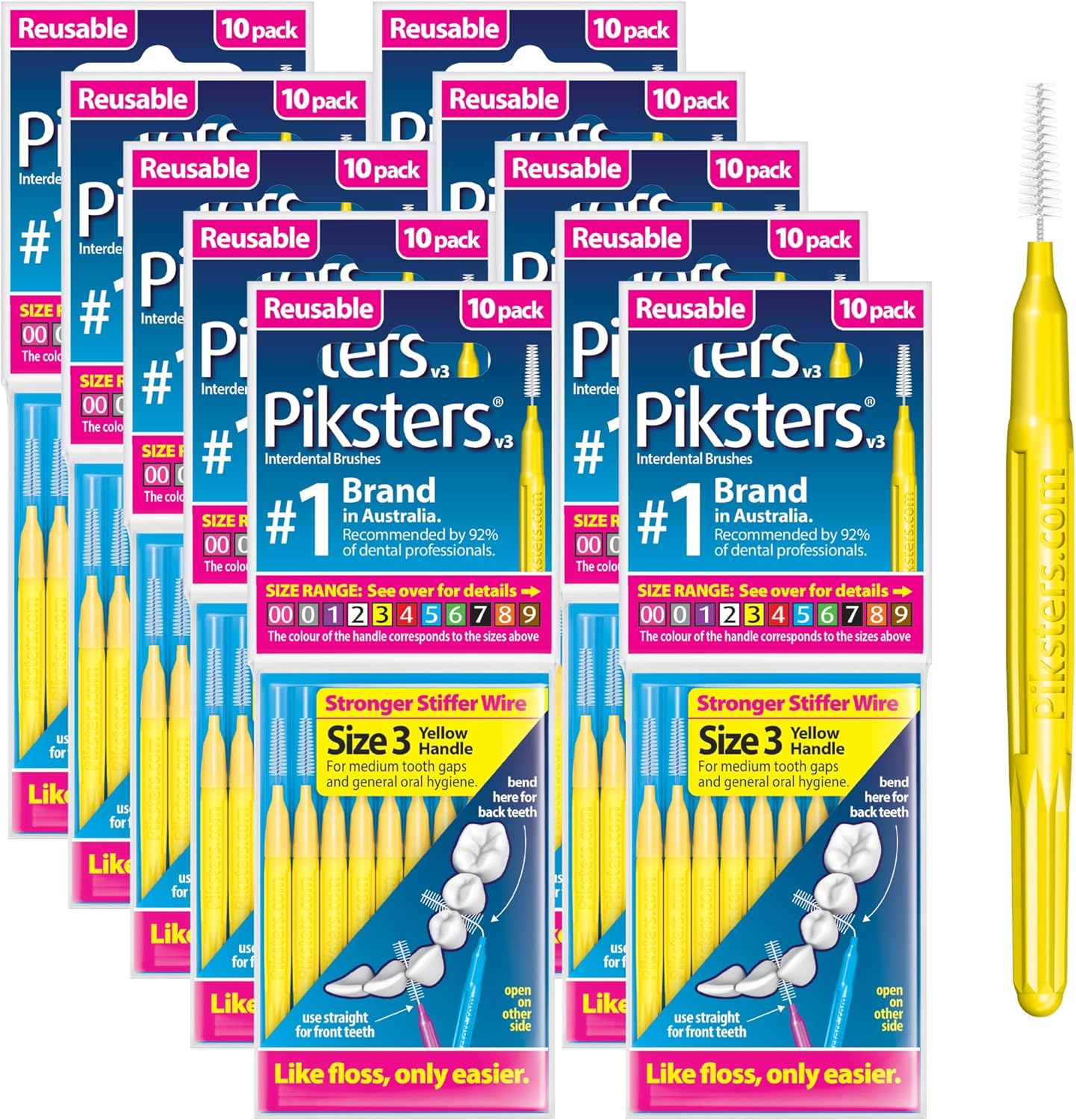 Piksters Interdental Brushes, Size 3, 100 Count (10 x 10 Packs), Interdental Tooth Brush for Medium Gaps, Gum Soft Bristles for Plaque Removal, Safe for Braces (100 pk)