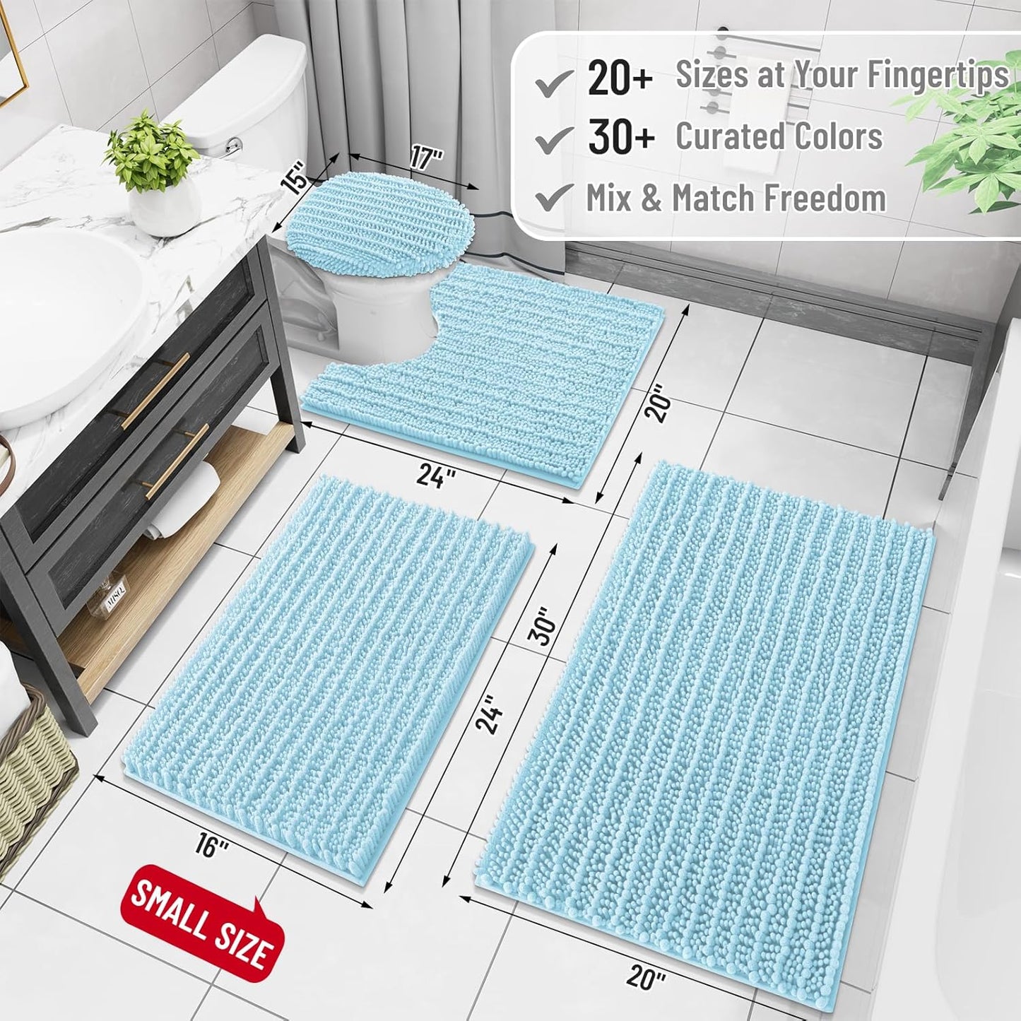 Arotive Luxury Chenille Bathroom Rug Mat, Extra Soft Thick Absorbent Shaggy Bath Rugs, Non-Slip Machine Wash Dry, Plush Bath Mats for Bathroom, Shower and Tub, 44x24, Blue