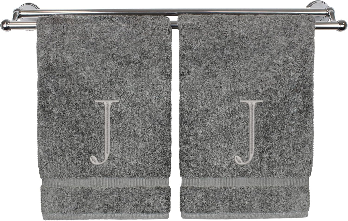 Monogrammed Hand Towel, Personalized Initial Gift, Extra Absorbent 100% Turkish Cotton - Soft Terry Finish - Set of 2 - Silver Block Initial J - Embroidered on Grey Towels