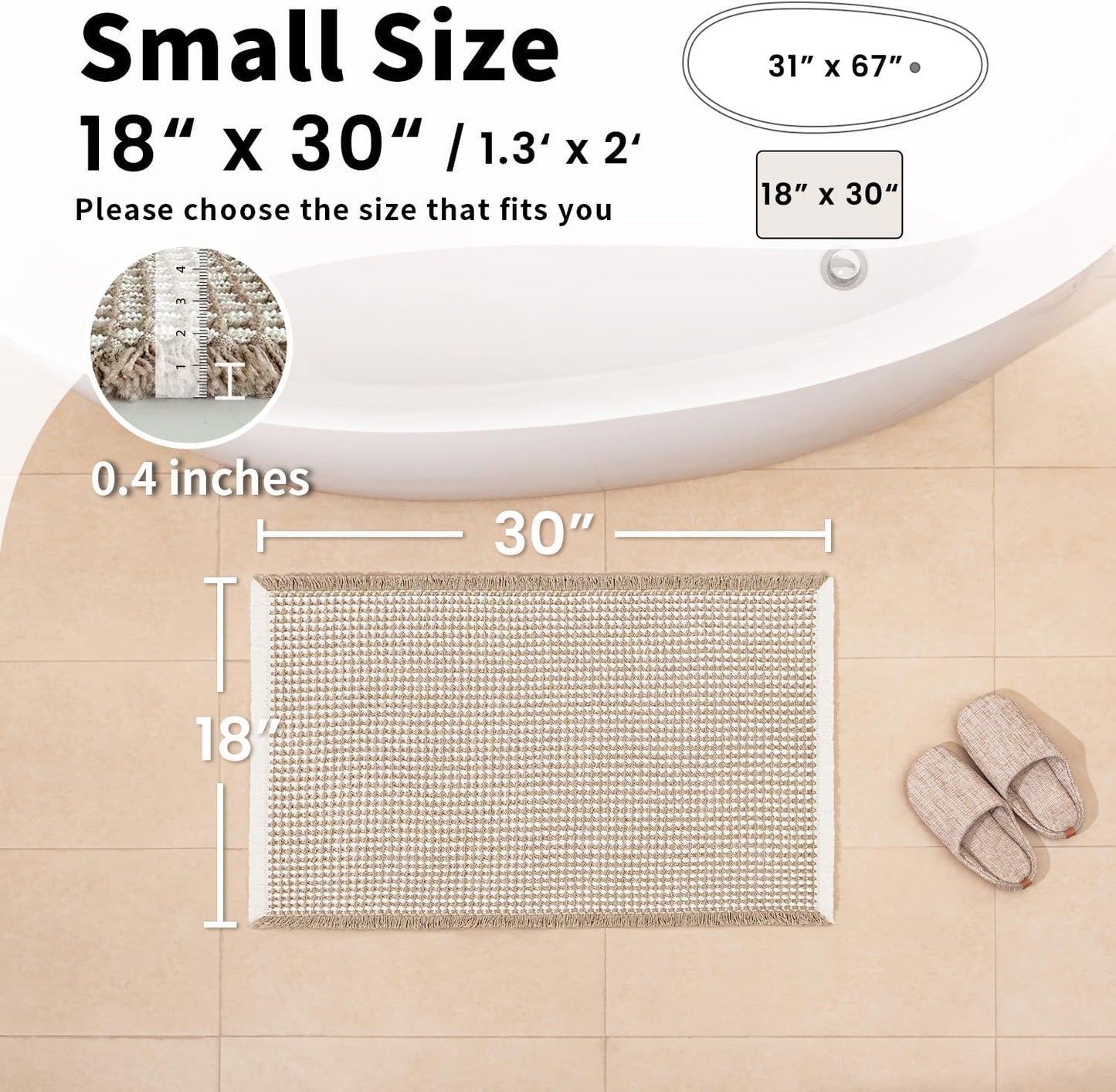 Waffle Bath Mat - Boho Bathroom Rugs Non Slip Washable, Super Absorbent & Quick Dry, Small Bath Mats Farmhouse Bathroom Decor, 18'' x 30'', Khaki and White