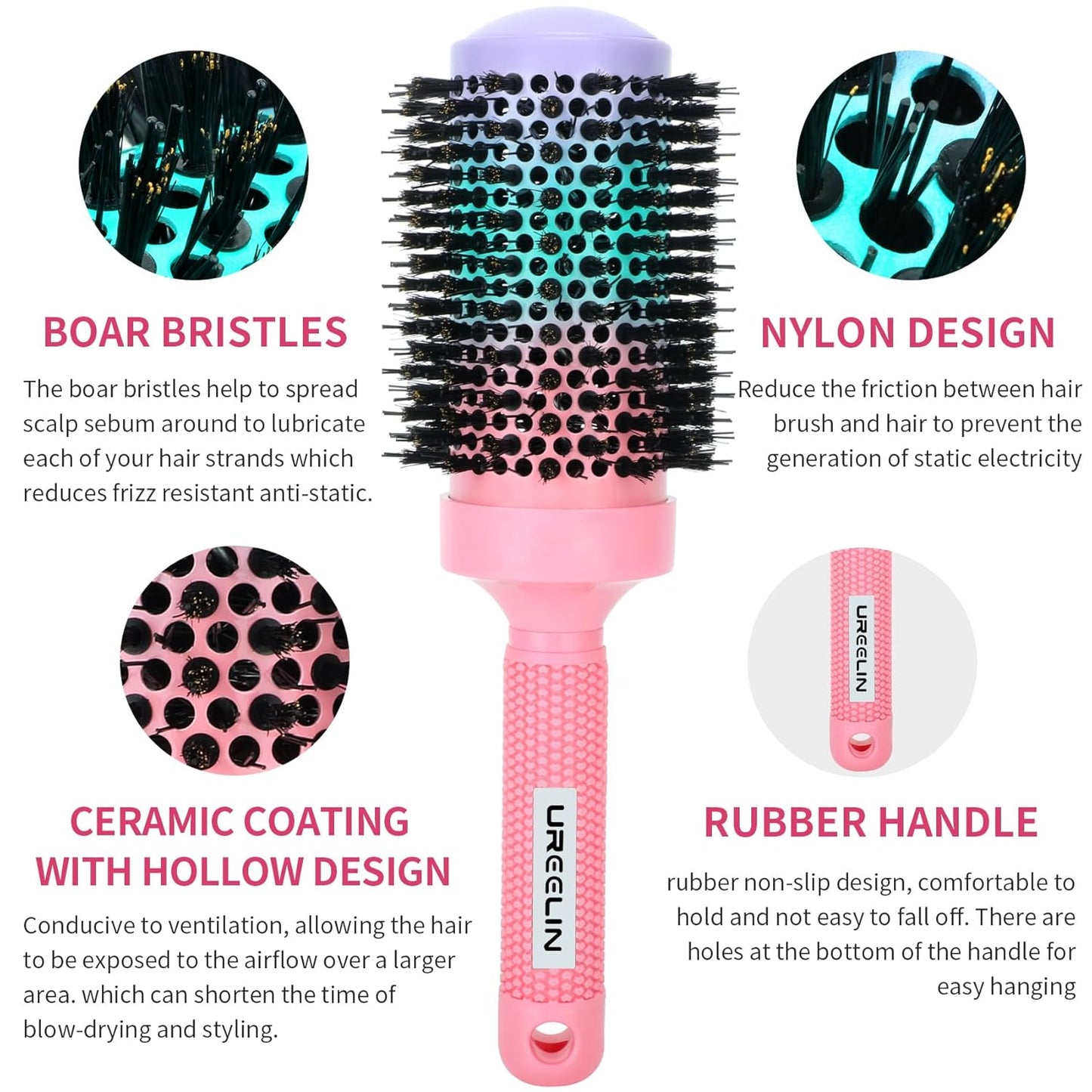 Round Brush for Blow Out - 2.1 Inch Large Nano Thermal Ceramic & Ionic with Boar Bristles - Salon Blow Drying Hair Brush for Drying,Volumizing, Curling, Shine & Smooth Styling