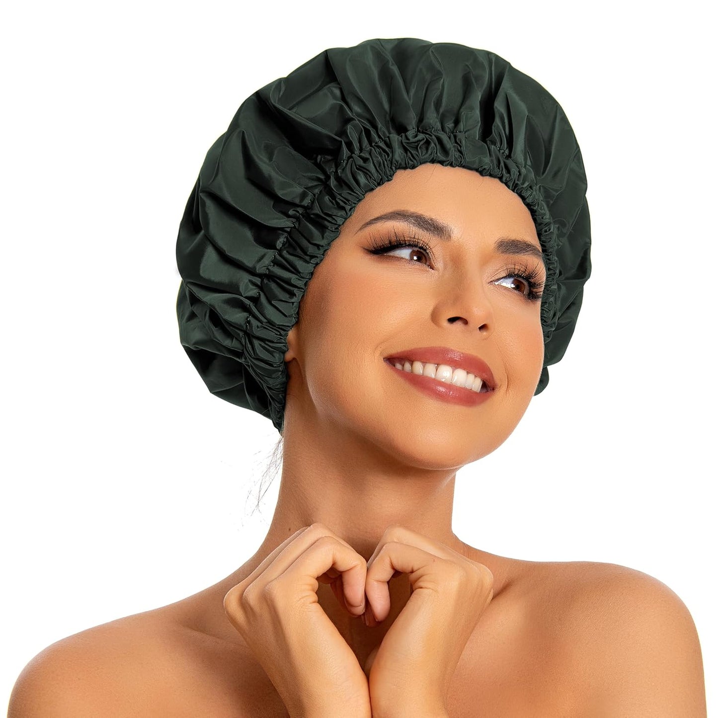 Reusable Shower Cap for Women, Large Waterproof Shower Essentials Bonnet Washable Elastic Band Bath Hair Wrap Hat for Long Hair, Braids(Dark Green)