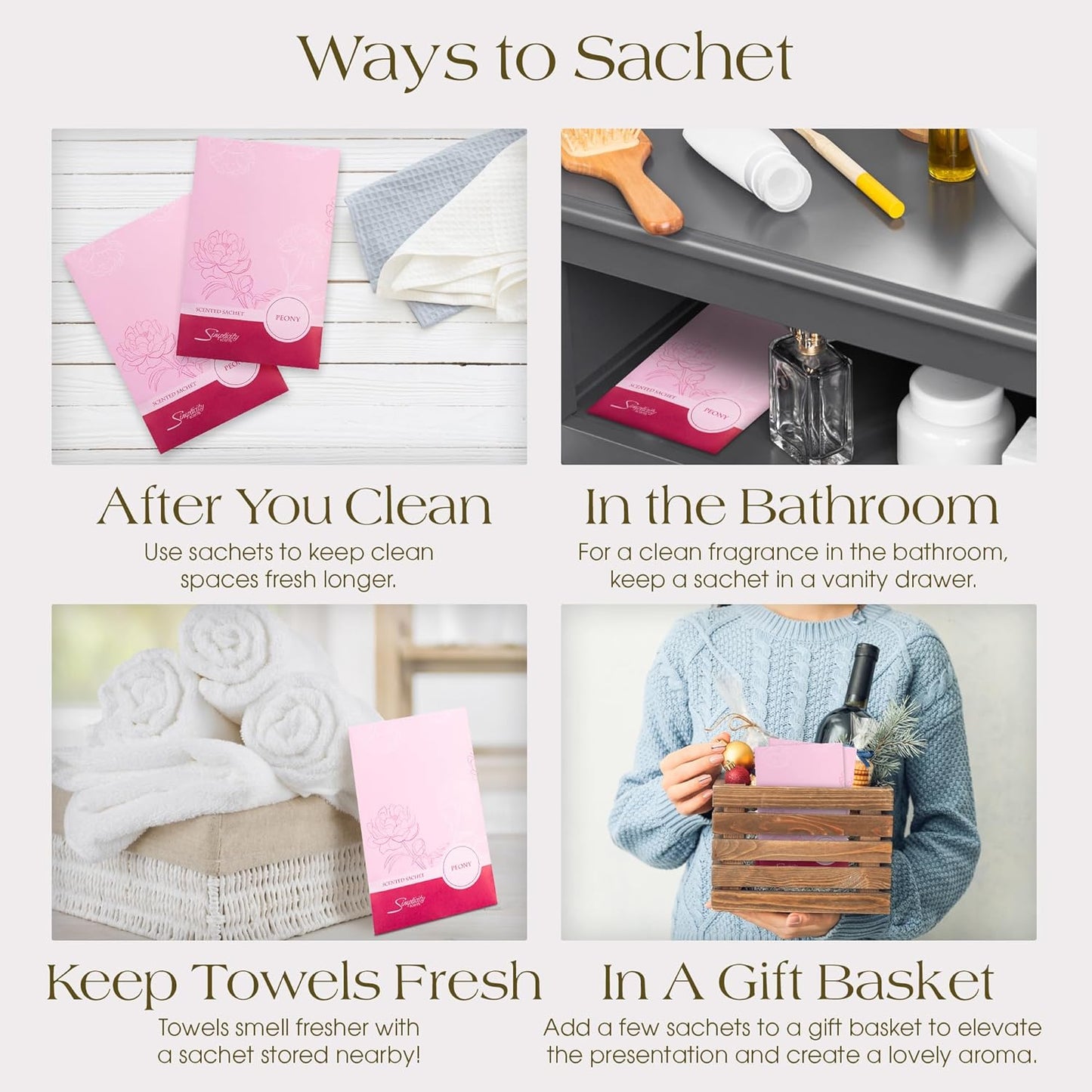Peony Scented Sachets Pack of 6, Spring and Summer - Long-Lasting Scented Bags, Home Fragrance, Air Freshener & Deodorizer for Closet, Room, Drawer, or Cars, Made in USA
