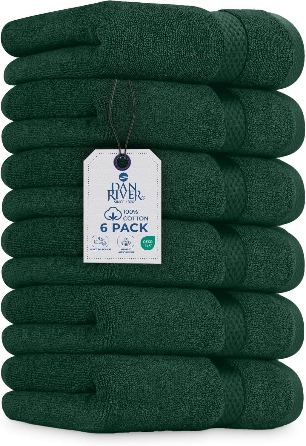 DAN RIVER 6-Pack Premium Hand Towels (16x28 Inches) - 100% Cotton, Ultra Soft, Lightweight, Highly Absorbent Towels for Bathroom, Spa, Gym, Salon, Hotel, and Travel - 550 GSM, Hunter Green