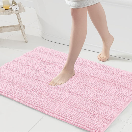 Grandaily Chenille Striped Bathroom Rugs 36x24, Extra Thick and Absorbent Bath Mats, Non-Slip Soft Plush Shaggy Shower Carpet, Machine Wash Dry, Bath Rug for Bathroom, (Large, Pink)