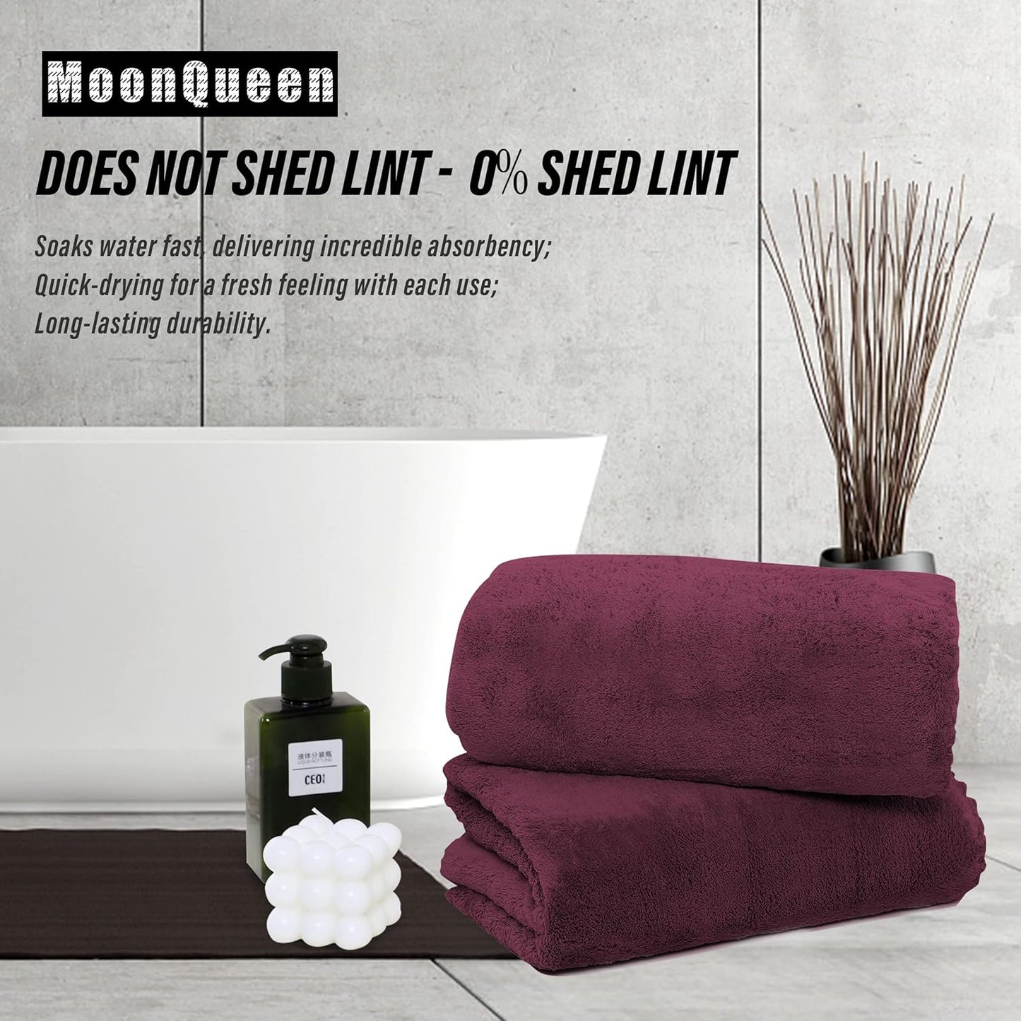 MOONQUEEN 2 Pack Premium Bath Towel Set - Quick Drying - Microfiber Coral Velvet Highly Absorbent Towels - Multipurpose Use as Bath Fitness, Bathroom, Shower, Sports, Yoga Towel (Burgundy)