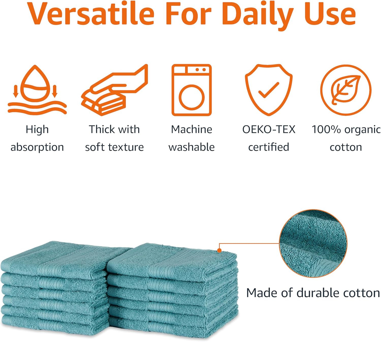 Amazon Basics Fade-Resistant 100% Cotton Washcloth, 12 Pack, 12"x12", Teal