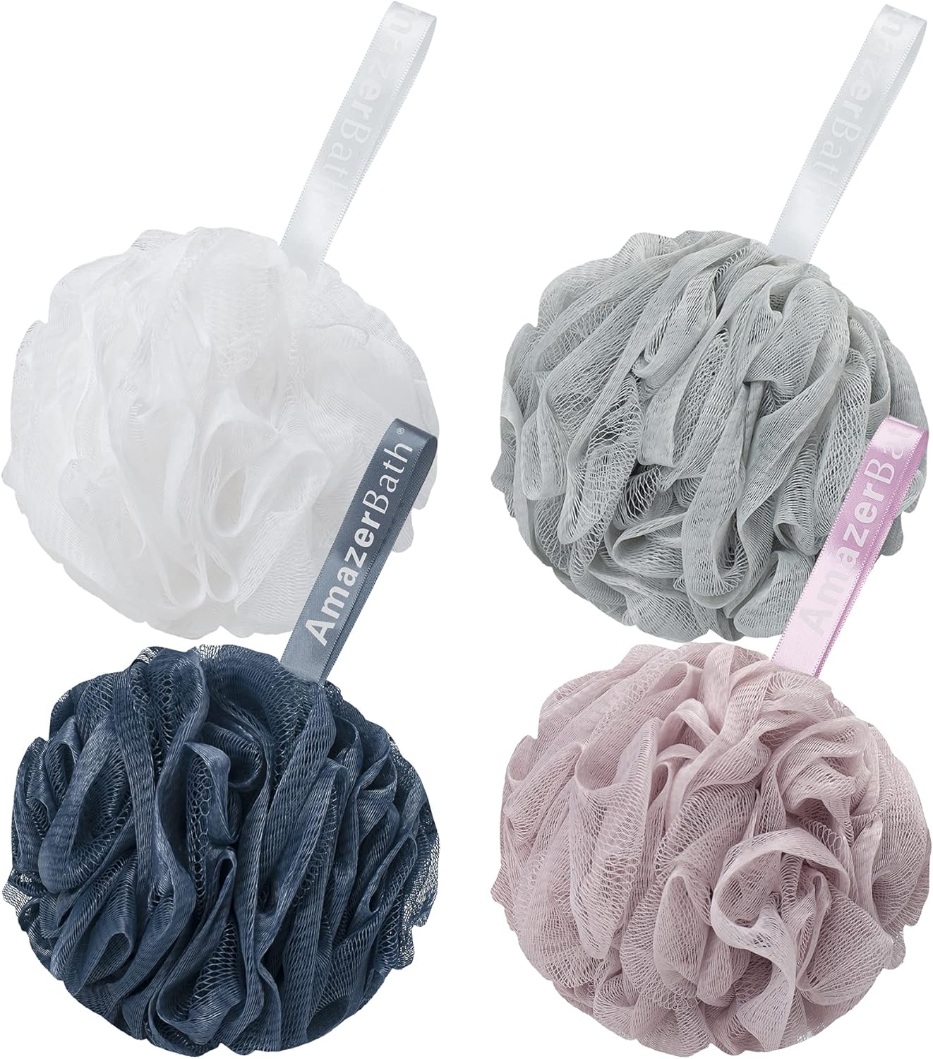 AmazerBath Loofah Sponge 60g/Piece, Exfoliating Bath Sponge Body Scrubber - Loofa Set of 4 Grey Blue-Pink-Grey-White