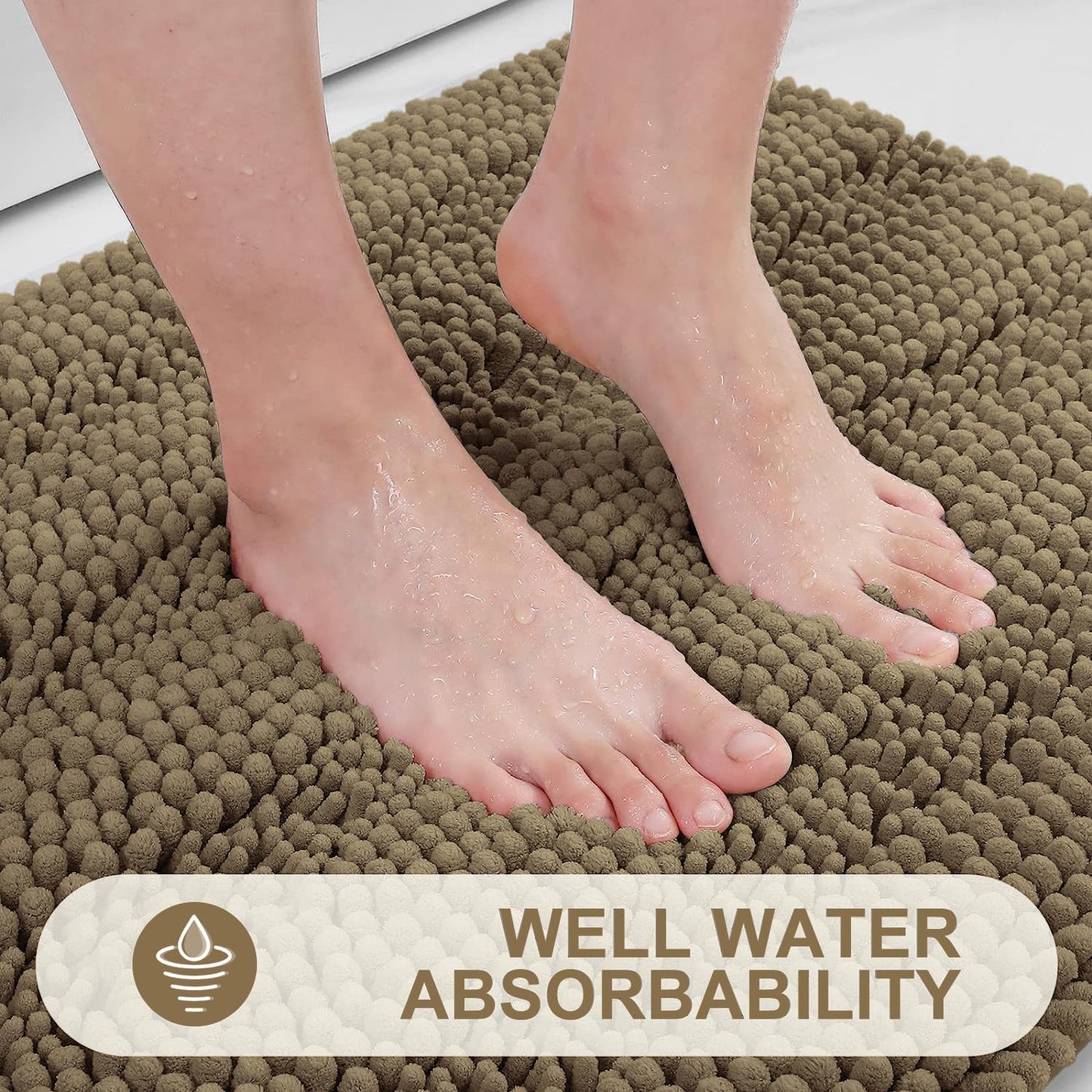 Grandaily Chenille Striped Bathroom Rugs 24x16, Extra Thick and Absorbent Bath Mats, Non-Slip Soft Plush Shaggy Shower Carpet, Machine Wash Dry, Bath Rug for Bathroom, (Small, Tan)